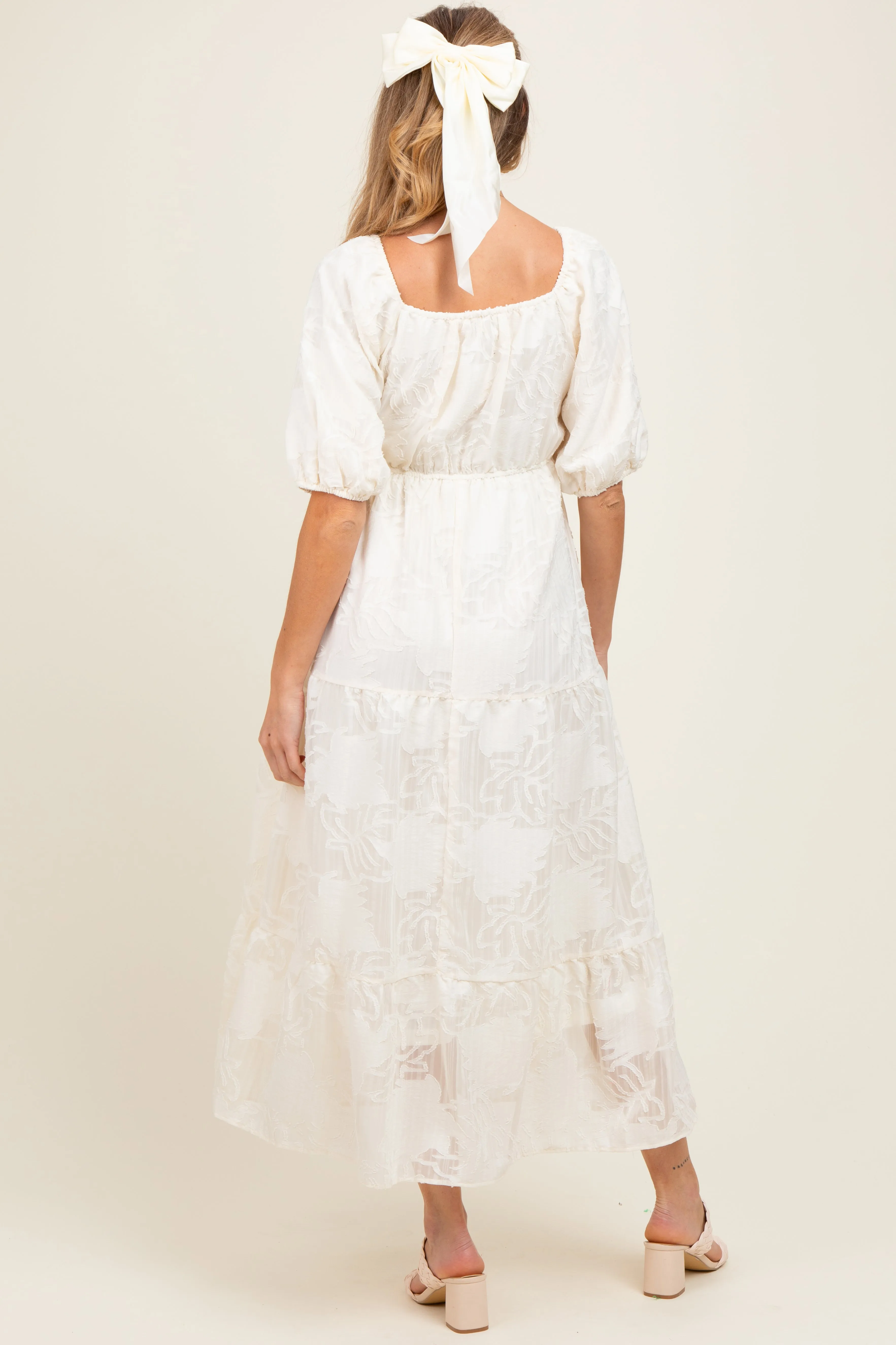 Cream Leaf Textured Tiered Midi Maternity Dress sold by Pinkblush product image thumbnail 4