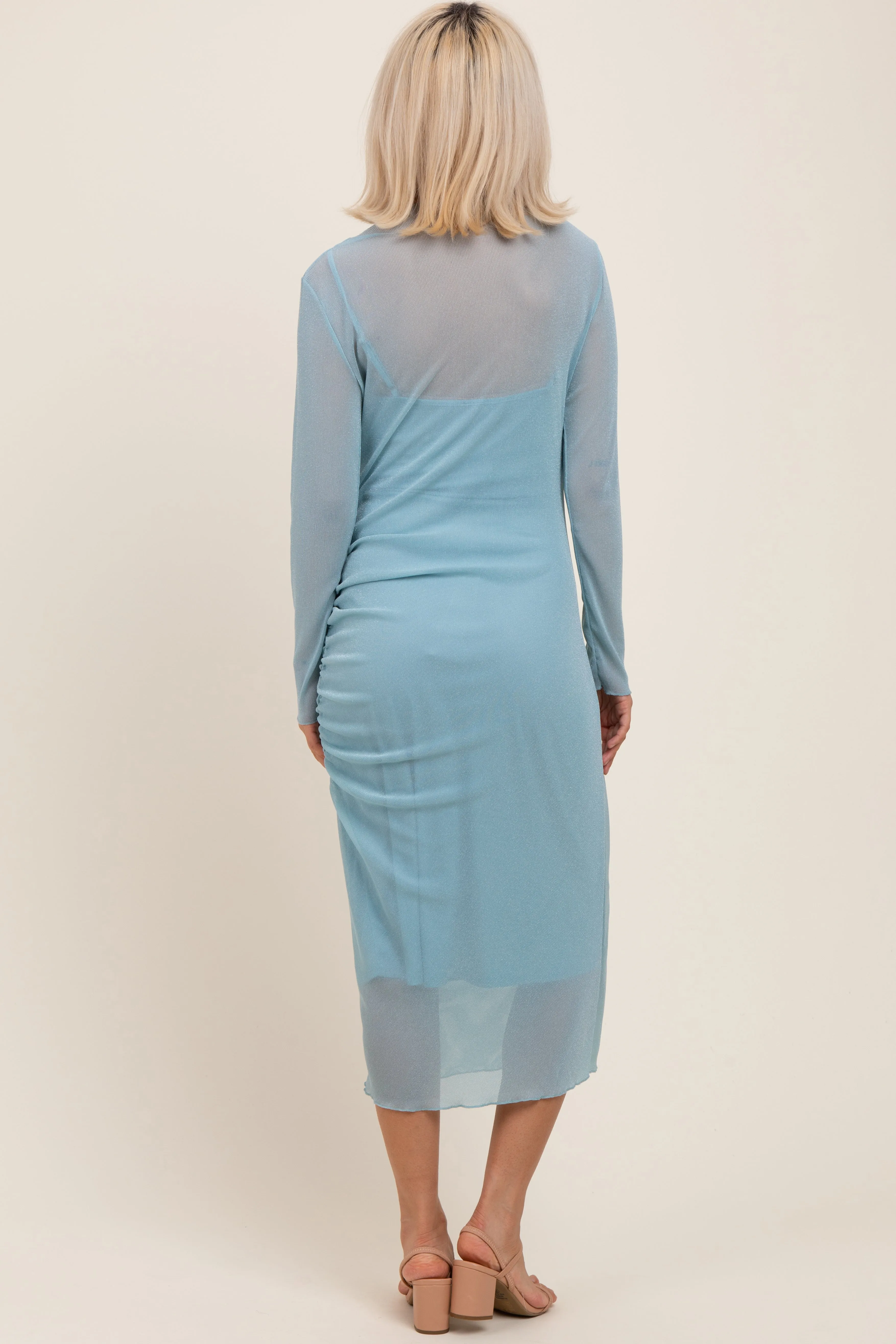 Light Blue Shimmer Mesh Long Sleeve Ruched Maternity Midi Dress sold by Pinkblush product image thumbnail 2