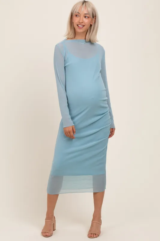 Light Blue Shimmer Mesh Long Sleeve Ruched Maternity Midi Dress sold by Pinkblush