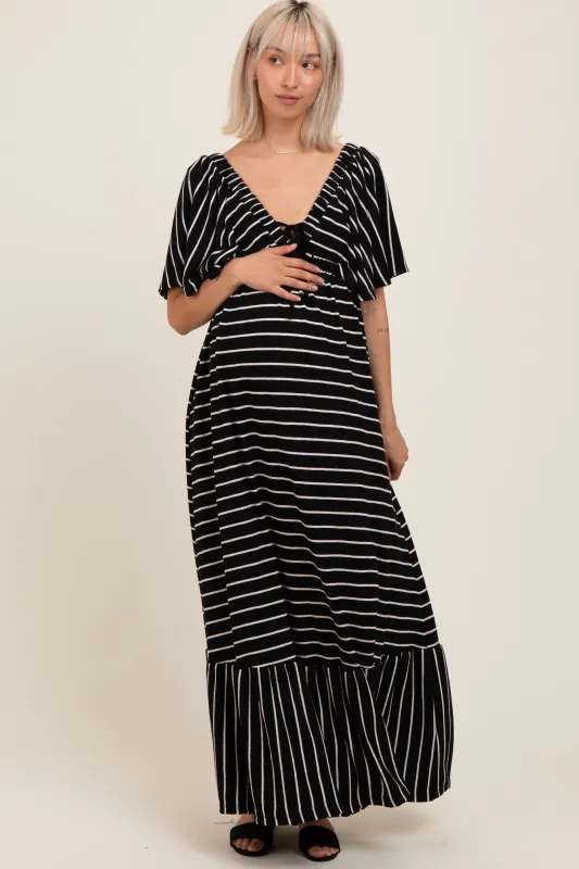 Black/ Cream Stripe Knit Flutter Sleeve V-Neck Tiered Maternity Maxi Dress sold by Pinkblush