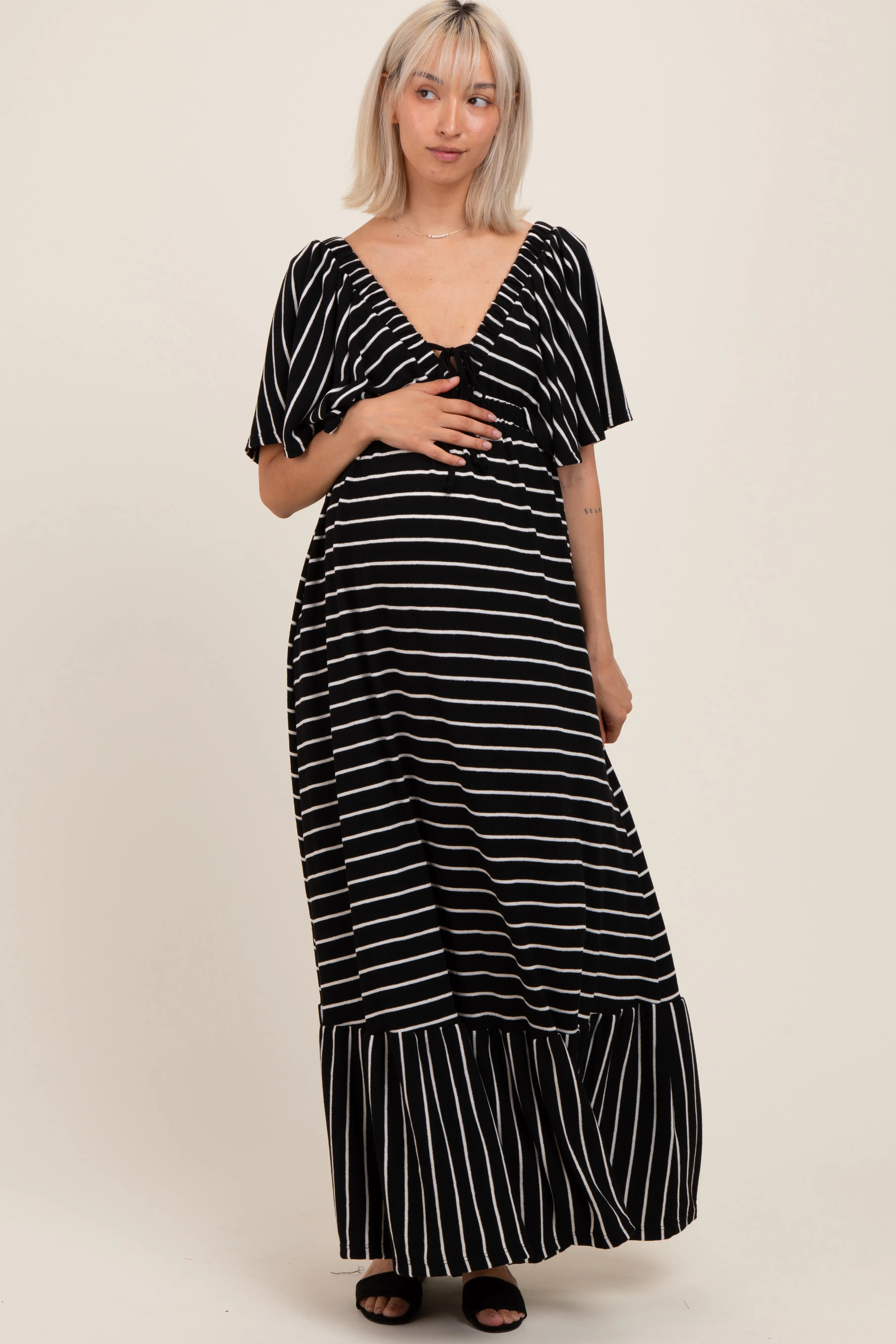 Black/ Cream Stripe Knit Flutter Sleeve V-Neck Tiered Maternity Maxi Dress sold by Pinkblush