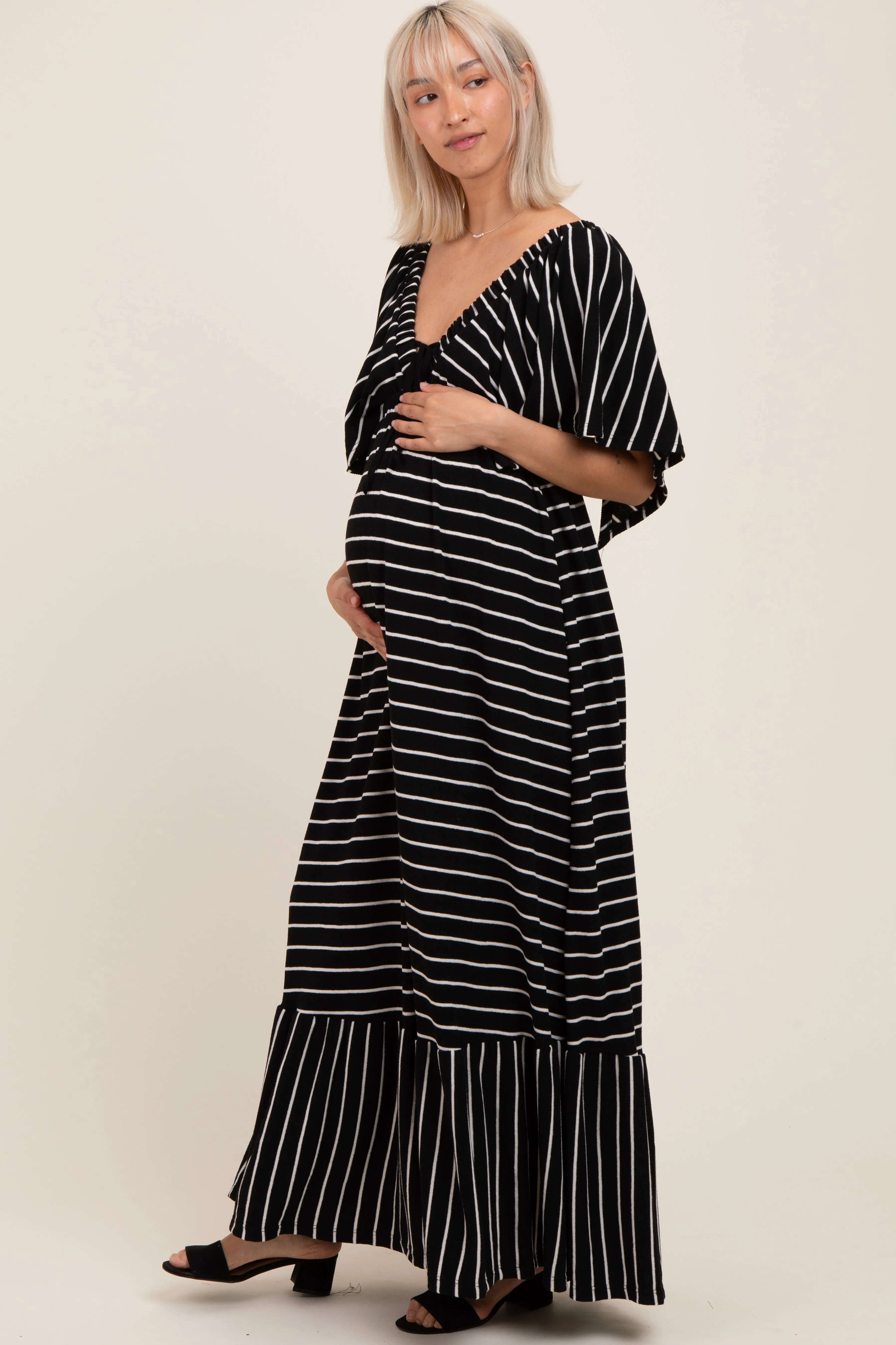 Black/ Cream Stripe Knit Flutter Sleeve V-Neck Tiered Maternity Maxi Dress sold by Pinkblush product image thumbnail 2