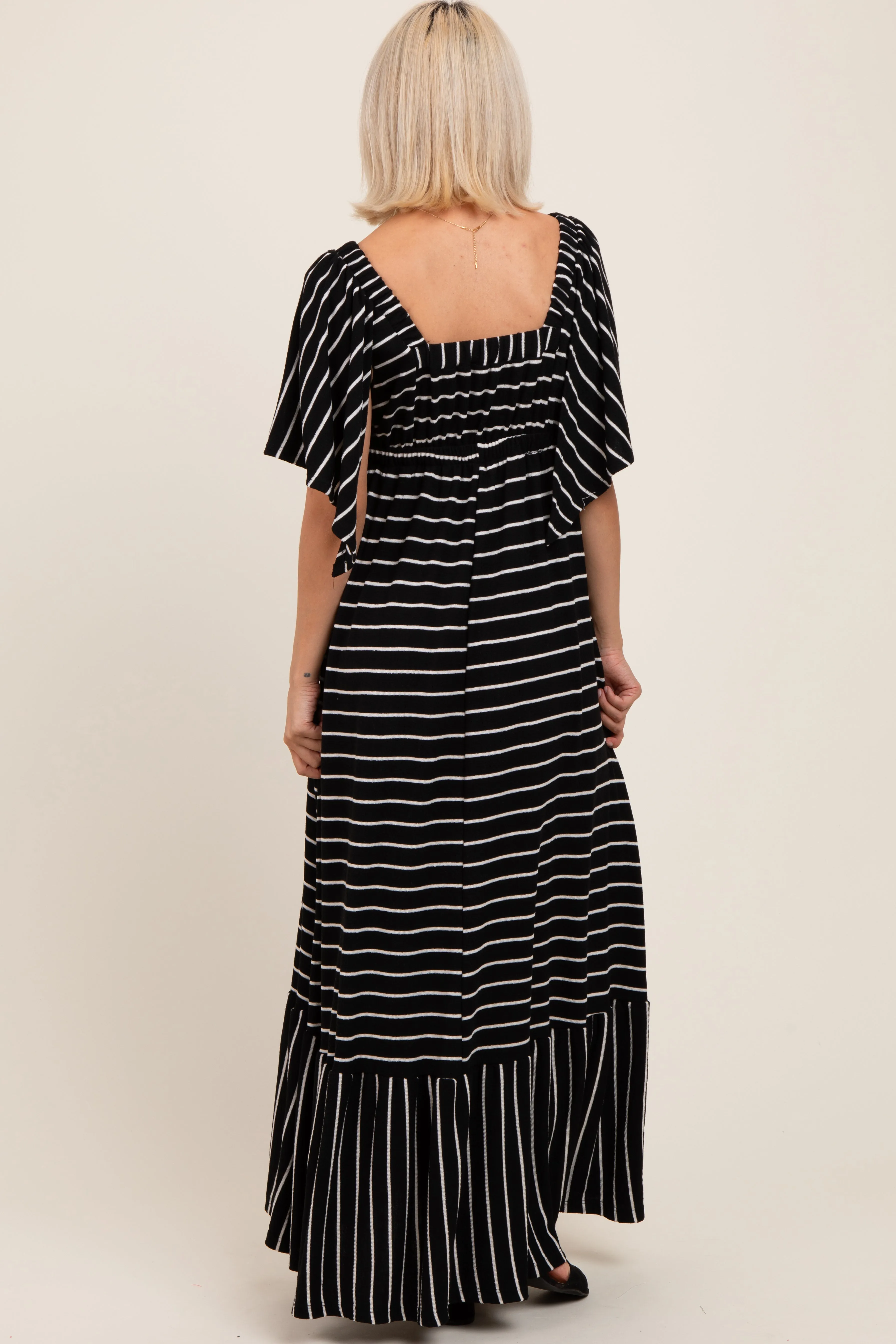 Black/ Cream Stripe Knit Flutter Sleeve V-Neck Tiered Maternity Maxi Dress sold by Pinkblush product image thumbnail 3