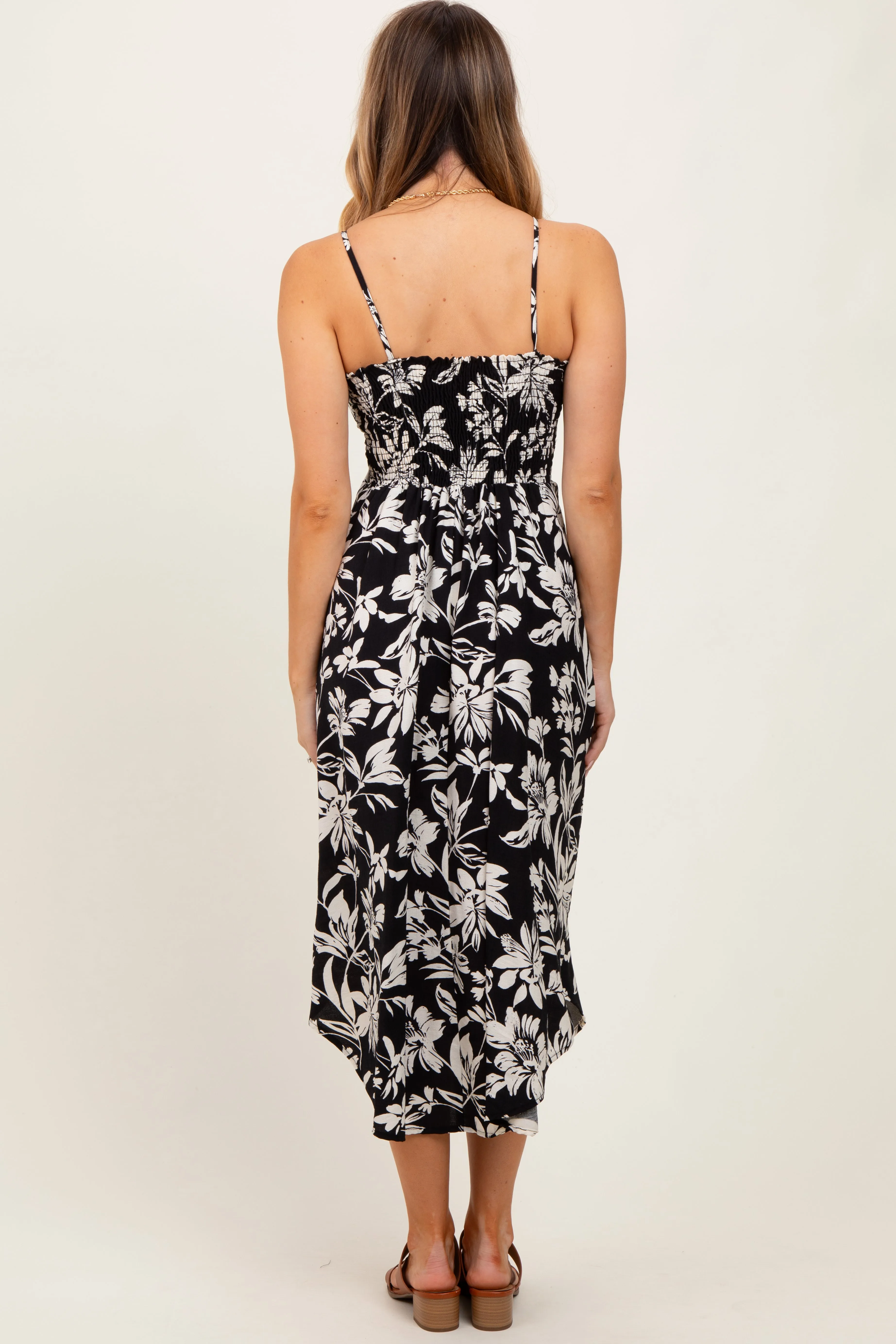 Black Tropical Floral Front Cinch Tie Midi Dress sold by Pinkblush product image thumbnail 4