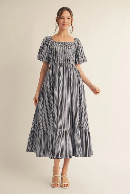 Navy Gingham Smocked Puff Sleeve Midi Dress sold by Pinkblush product image thumbnail 2