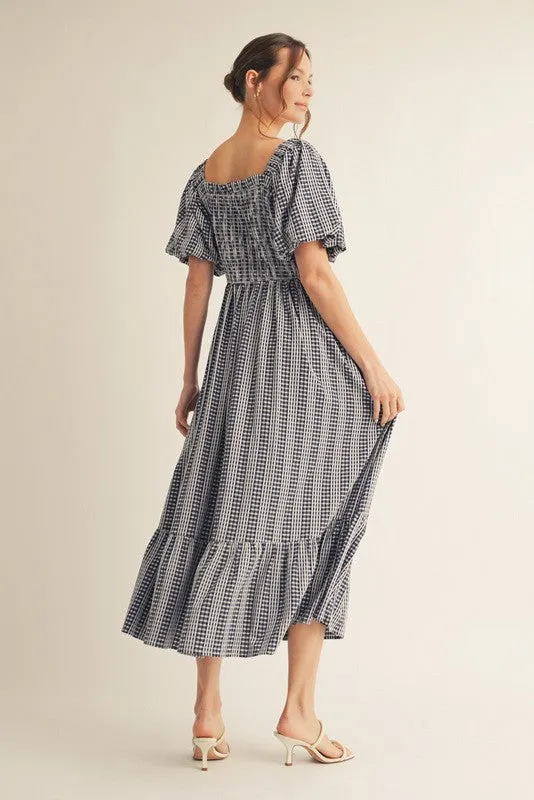 Navy Gingham Smocked Puff Sleeve Midi Dress sold by Pinkblush product image thumbnail 3