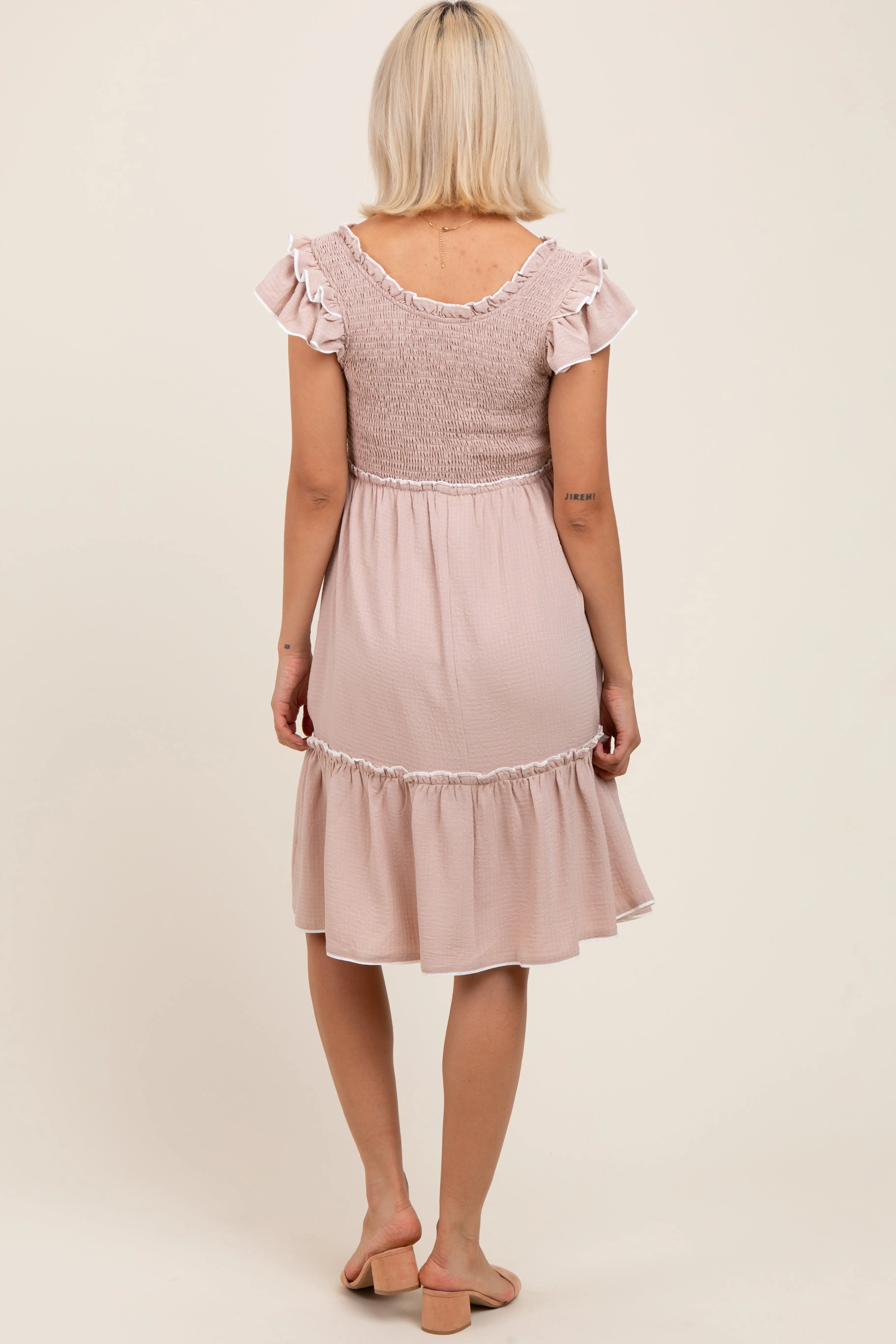 Taupe Solid Ruffle Trim Smocked Maternity Dress sold by Pinkblush product image thumbnail 4