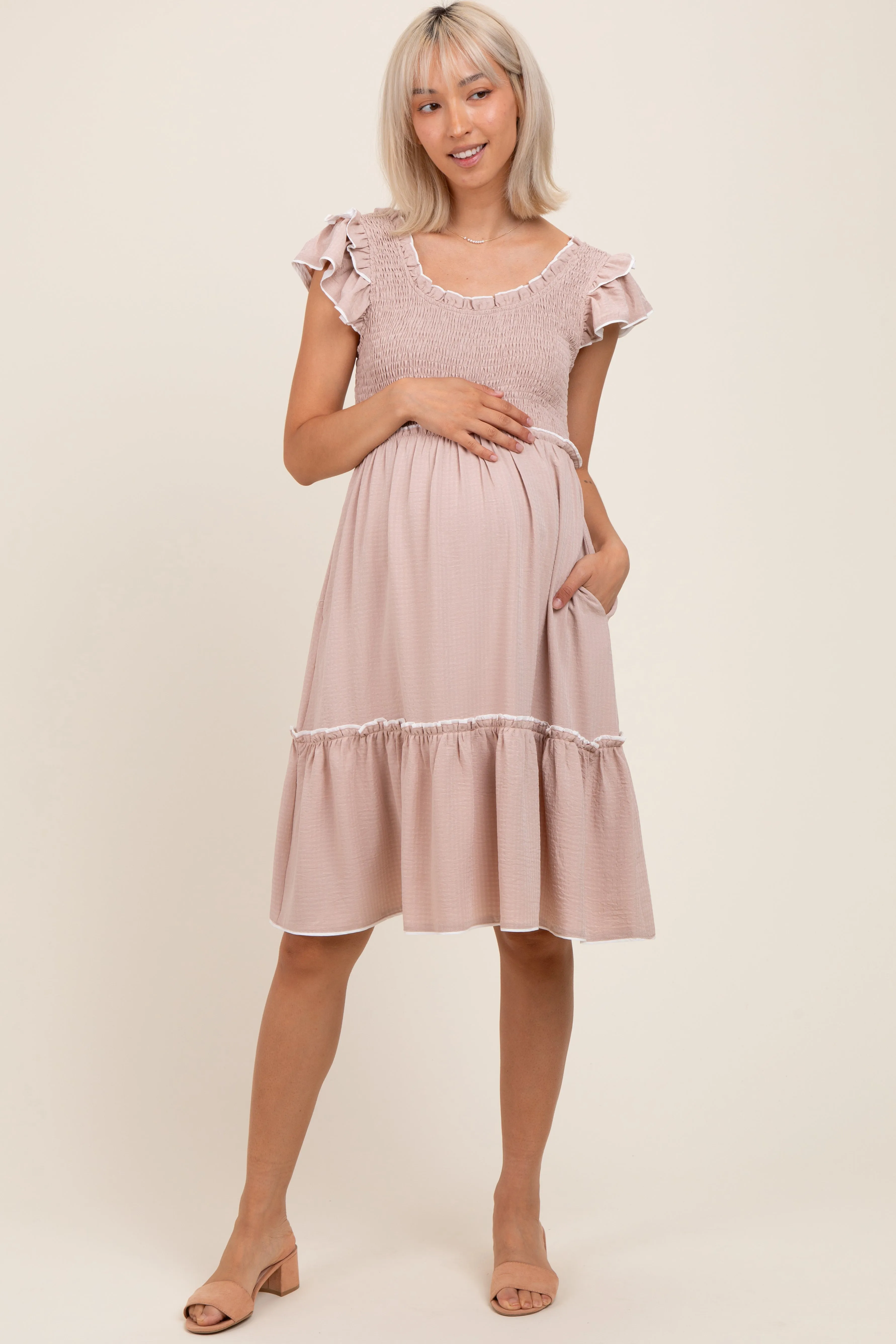 Taupe Solid Ruffle Trim Smocked Maternity Dress sold by Pinkblush