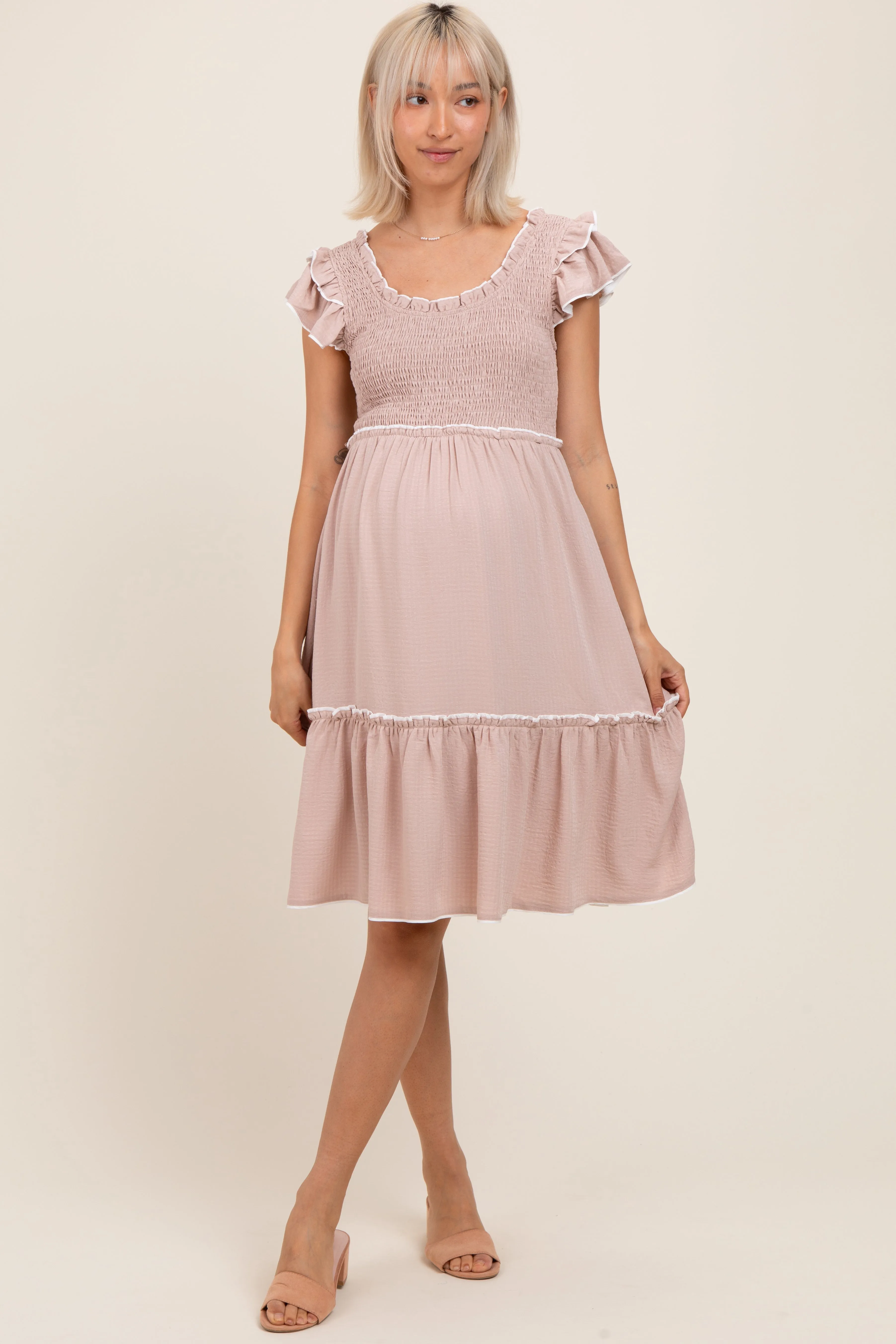 Taupe Solid Ruffle Trim Smocked Maternity Dress sold by Pinkblush product image thumbnail 2
