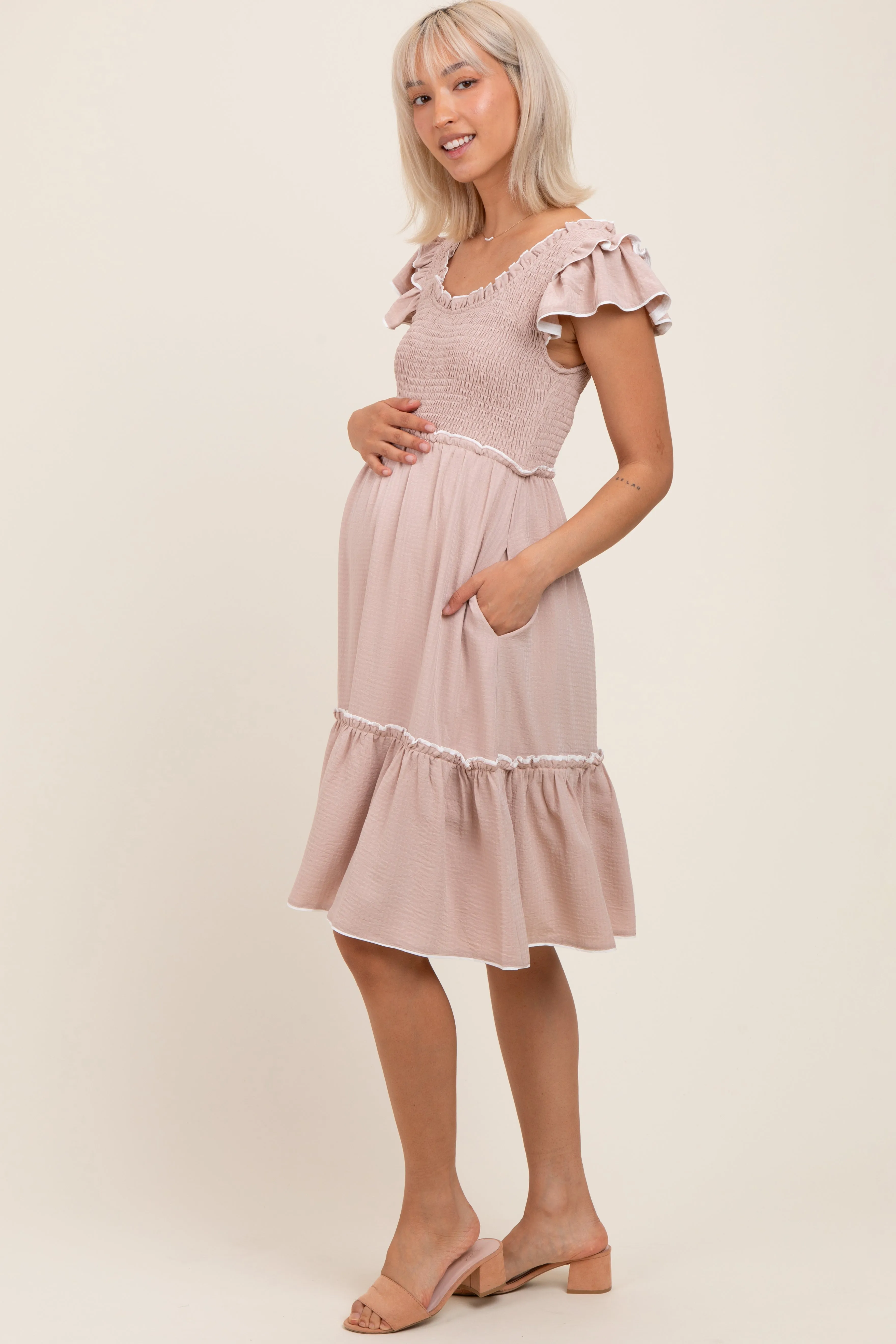 Taupe Solid Ruffle Trim Smocked Maternity Dress sold by Pinkblush product image thumbnail 3