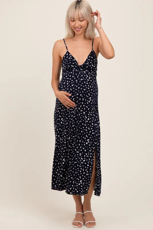 Navy Printed Front Twist Sleeveless Maternity Midi Dress sold by Pinkblush