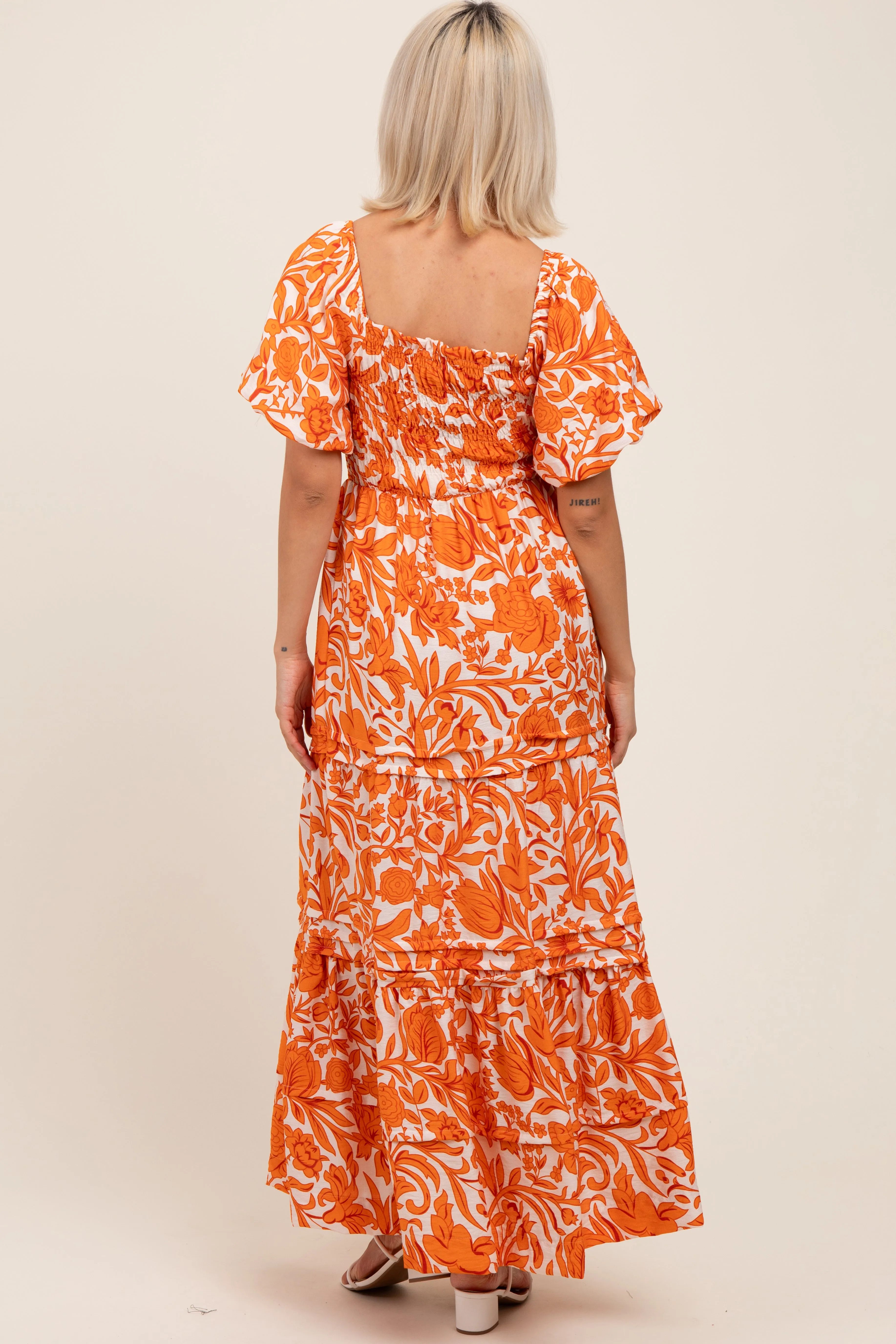 Orange Floral Smocked Puff Sleeve Maternity Maxi Dress sold by Pinkblush product image thumbnail 3