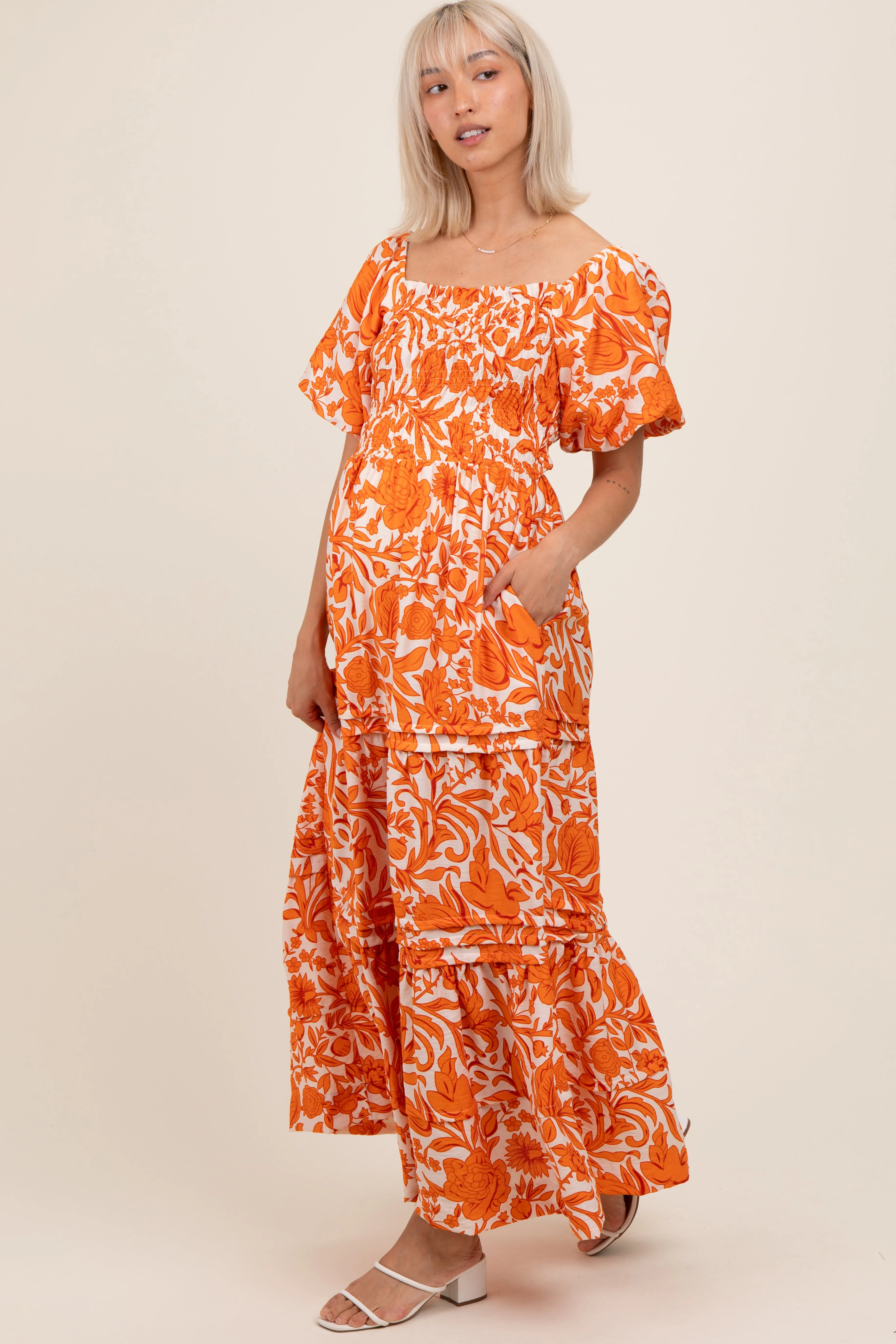 Orange Floral Smocked Puff Sleeve Maternity Maxi Dress sold by Pinkblush