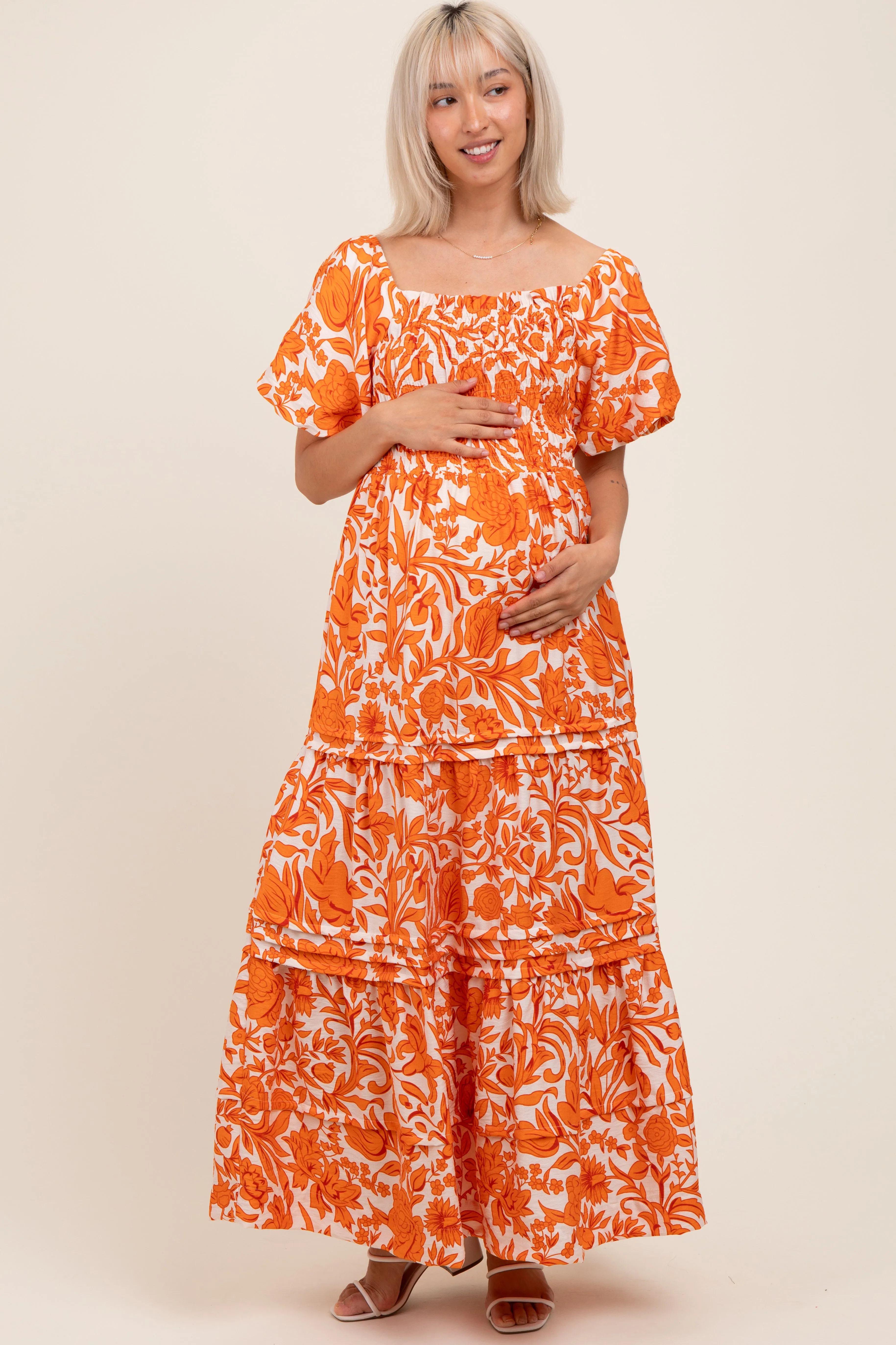 Orange Floral Smocked Puff Sleeve Maternity Maxi Dress sold by Pinkblush product image thumbnail 2