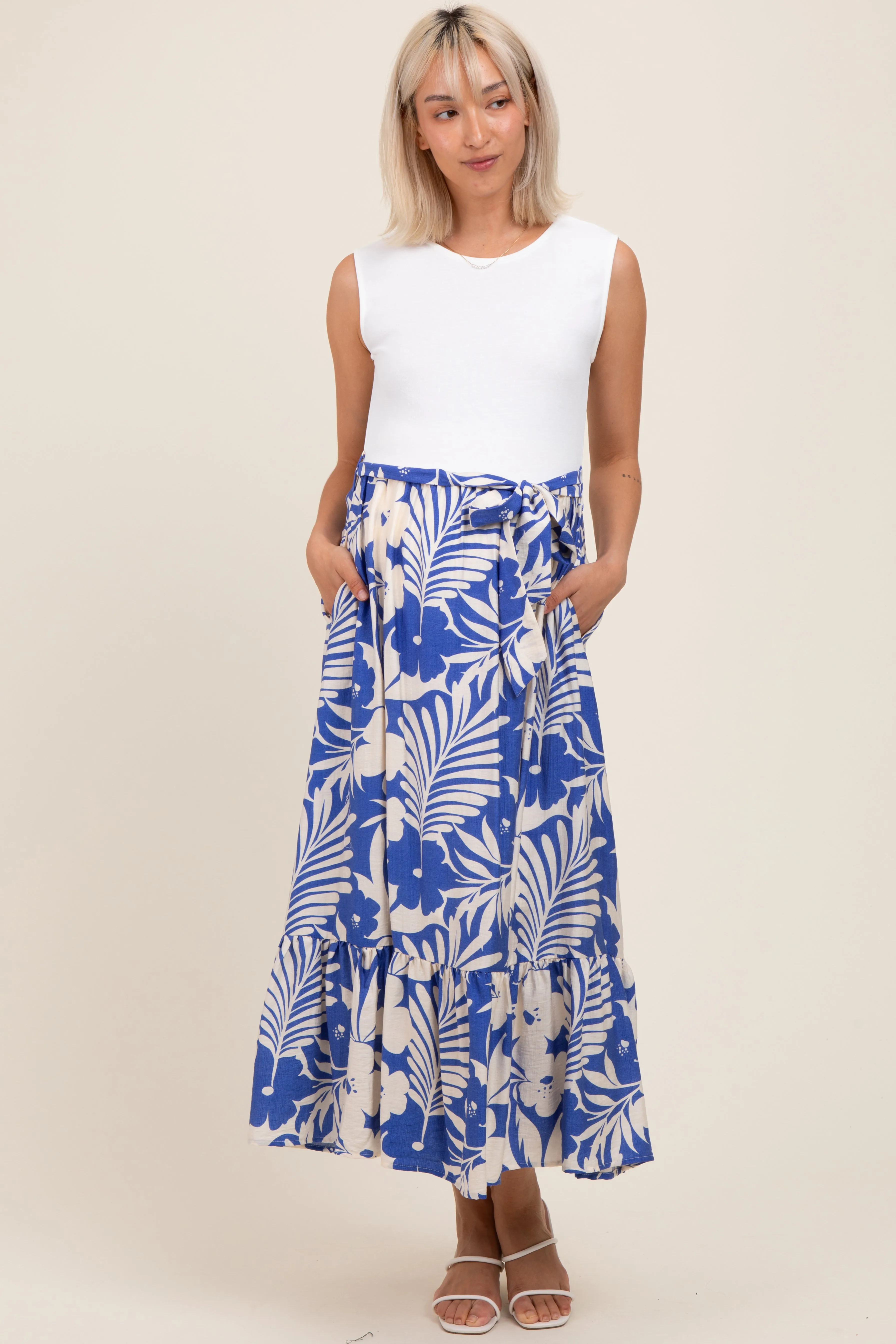 Blue Floral Contrast Top Sash Tie Sleeveless Maternity Midi Dress sold by Pinkblush