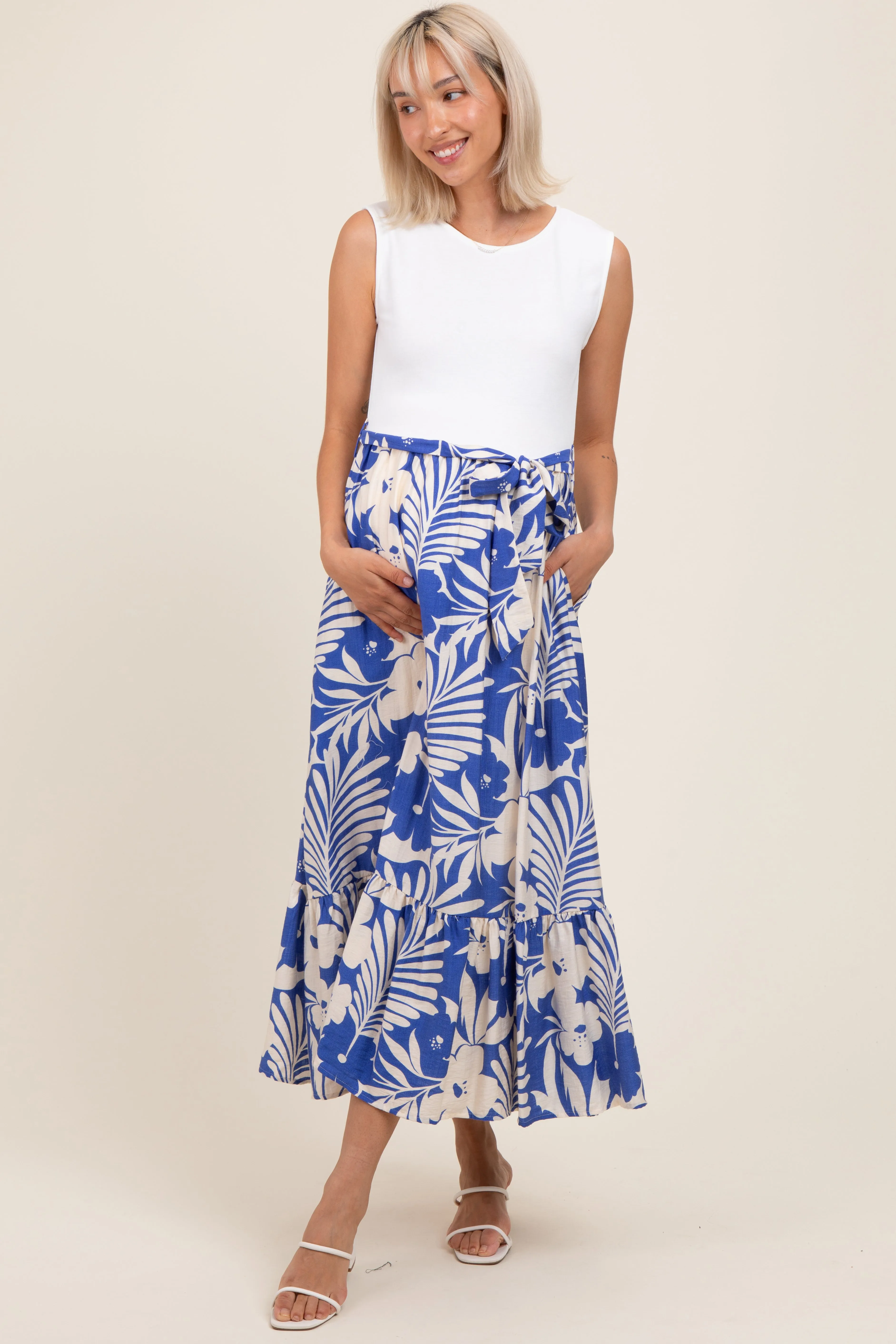Blue Floral Contrast Top Sash Tie Sleeveless Maternity Midi Dress sold by Pinkblush product image thumbnail 2