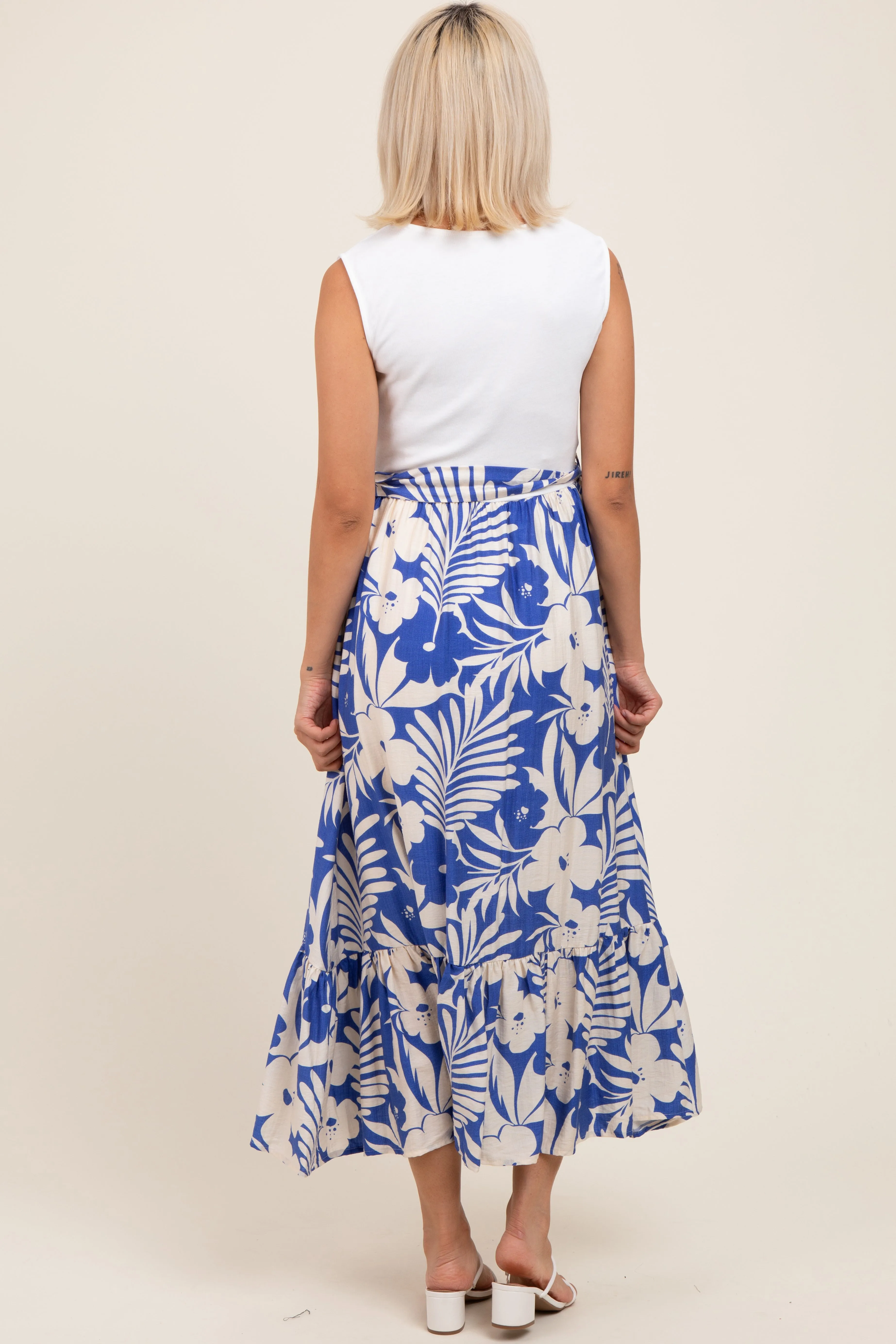 Blue Floral Contrast Top Sash Tie Sleeveless Maternity Midi Dress sold by Pinkblush product image thumbnail 3