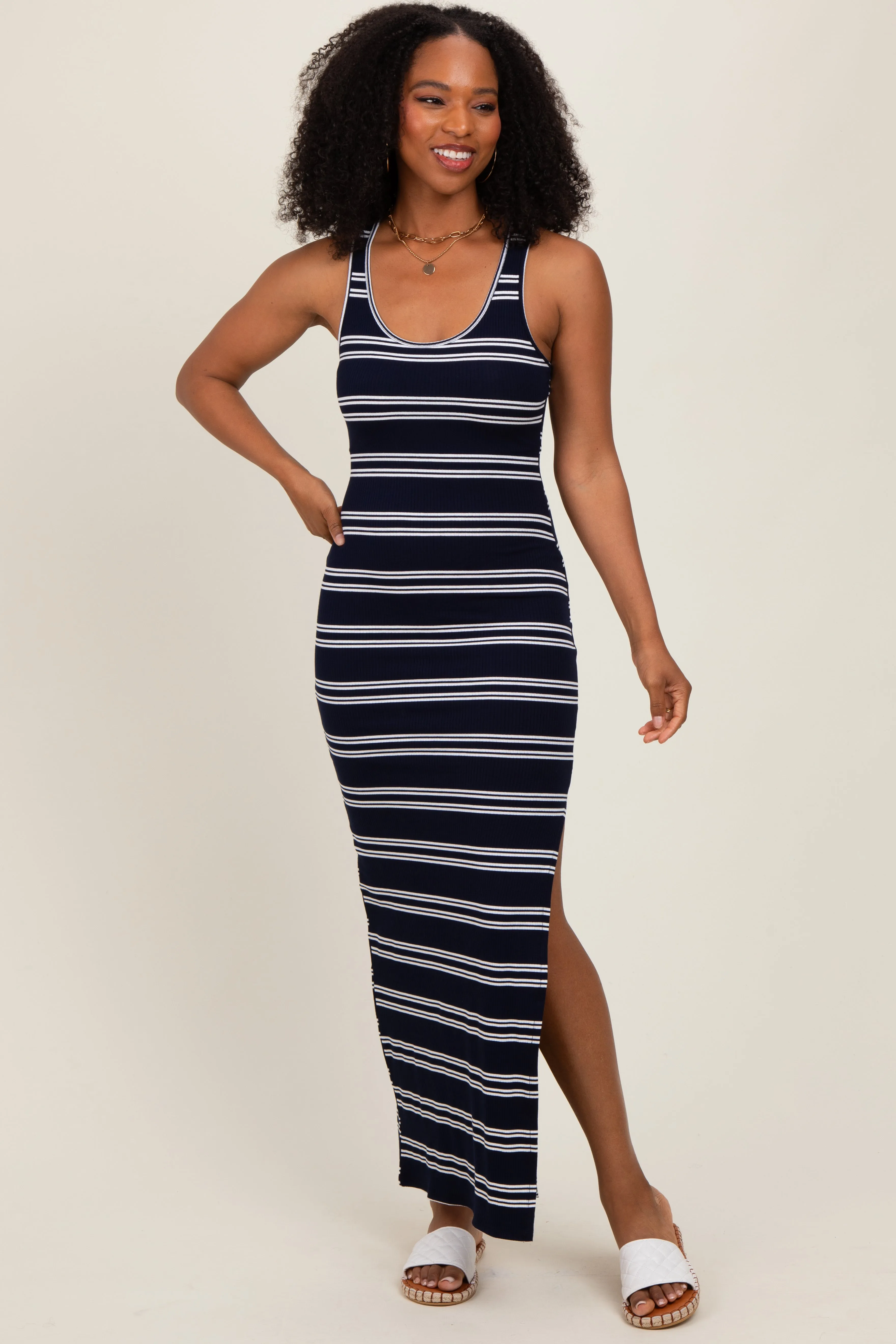 Navy Black Striped Side Slit Maternity Maxi Dress sold by Pinkblush product image thumbnail 4