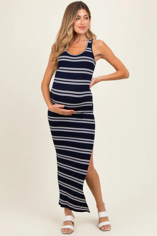 Navy Black Striped Side Slit Maternity Maxi Dress sold by Pinkblush