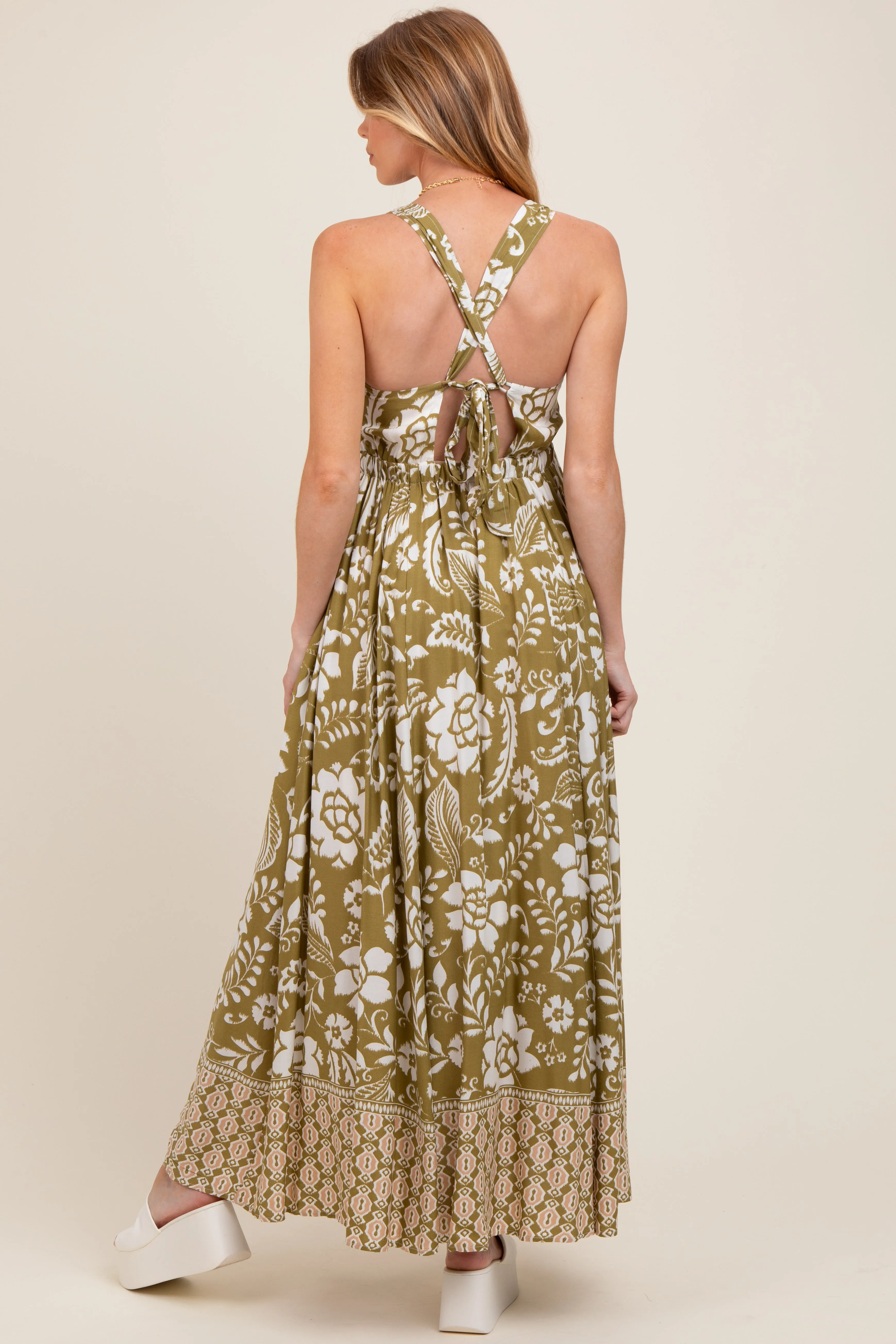 Olive Floral Crisscross Back Cutout Maternity Maxi Dress sold by Pinkblush product image thumbnail 3