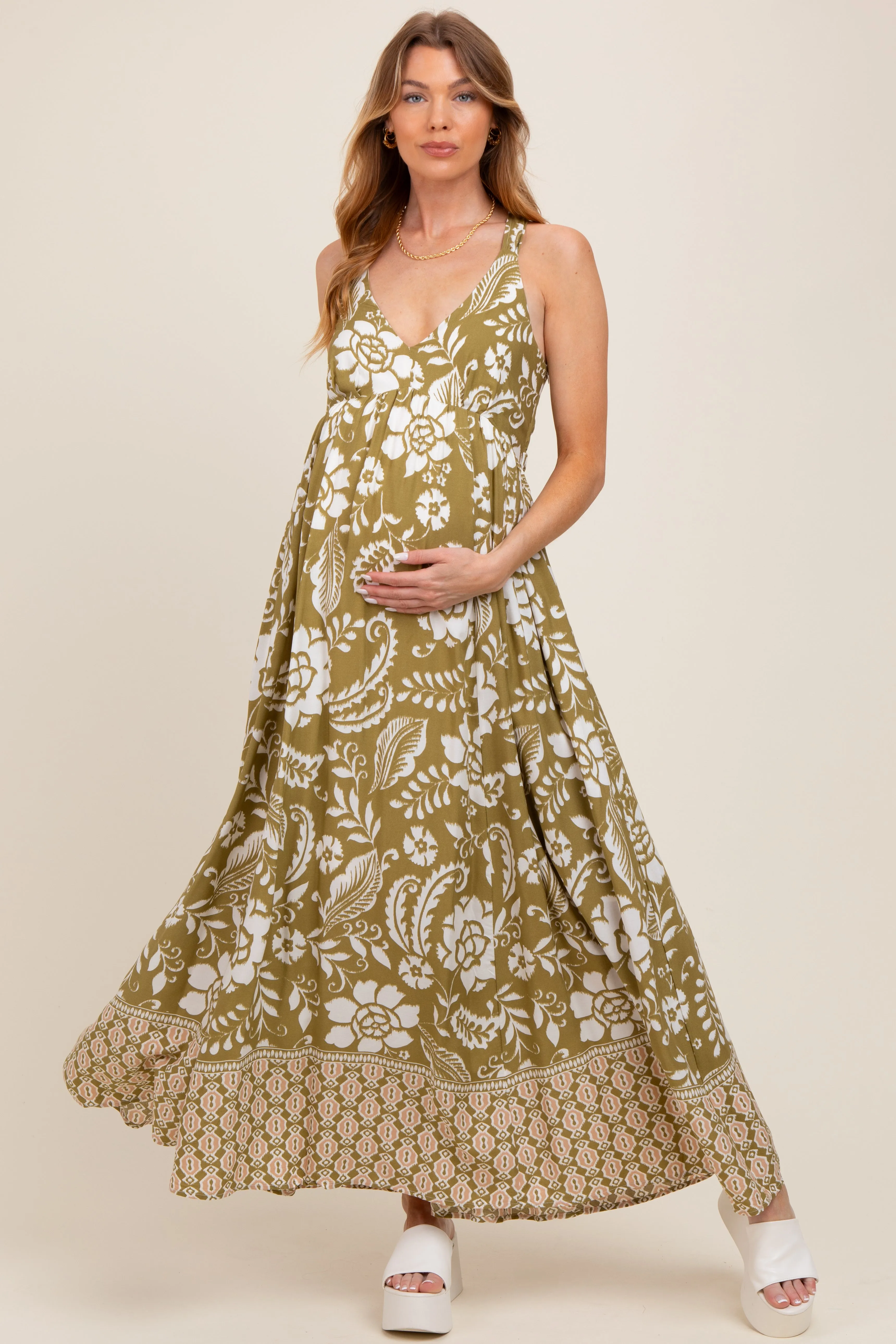 Olive Floral Crisscross Back Cutout Maternity Maxi Dress sold by Pinkblush