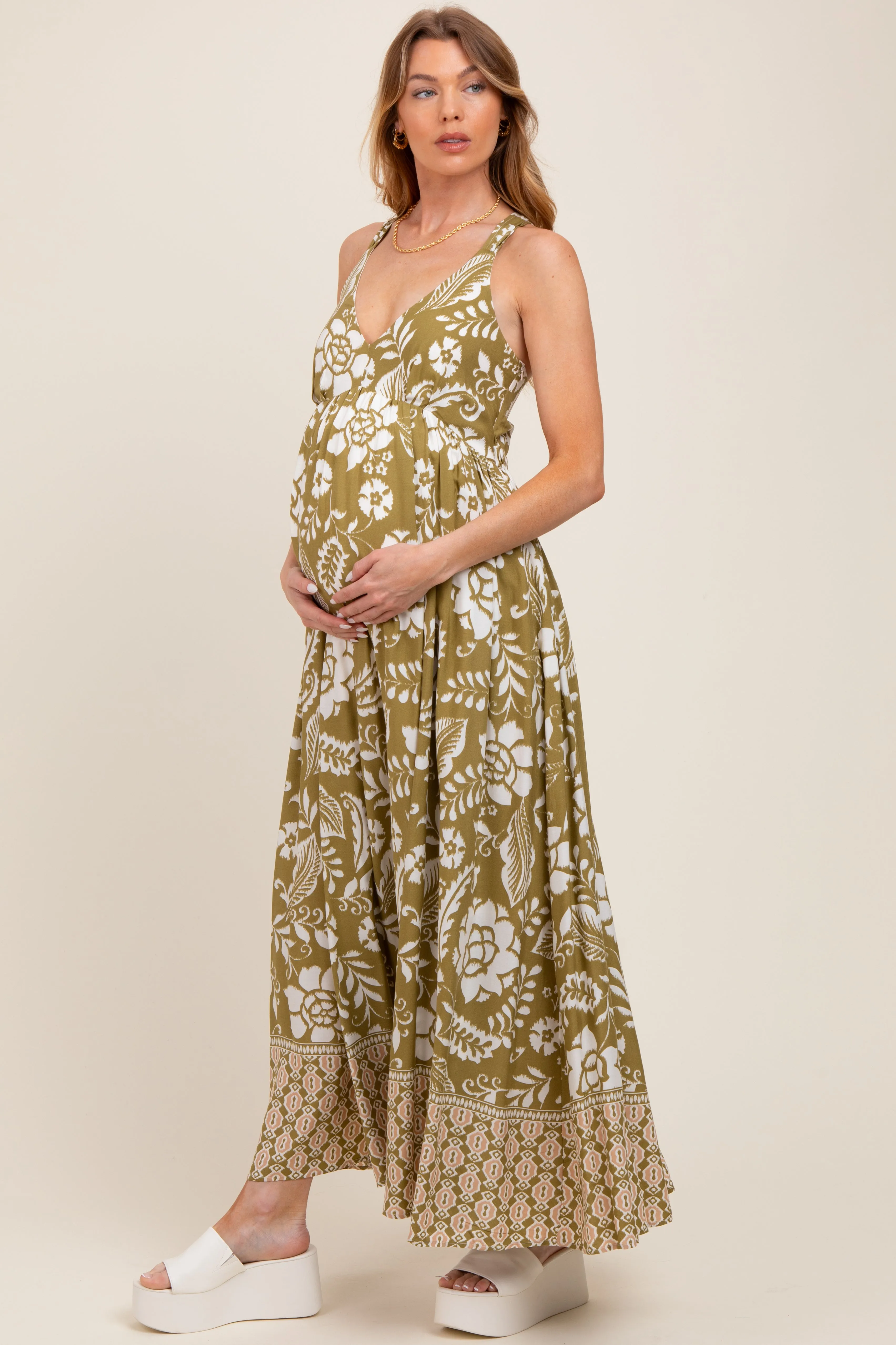 Olive Floral Crisscross Back Cutout Maternity Maxi Dress sold by Pinkblush product image thumbnail 2
