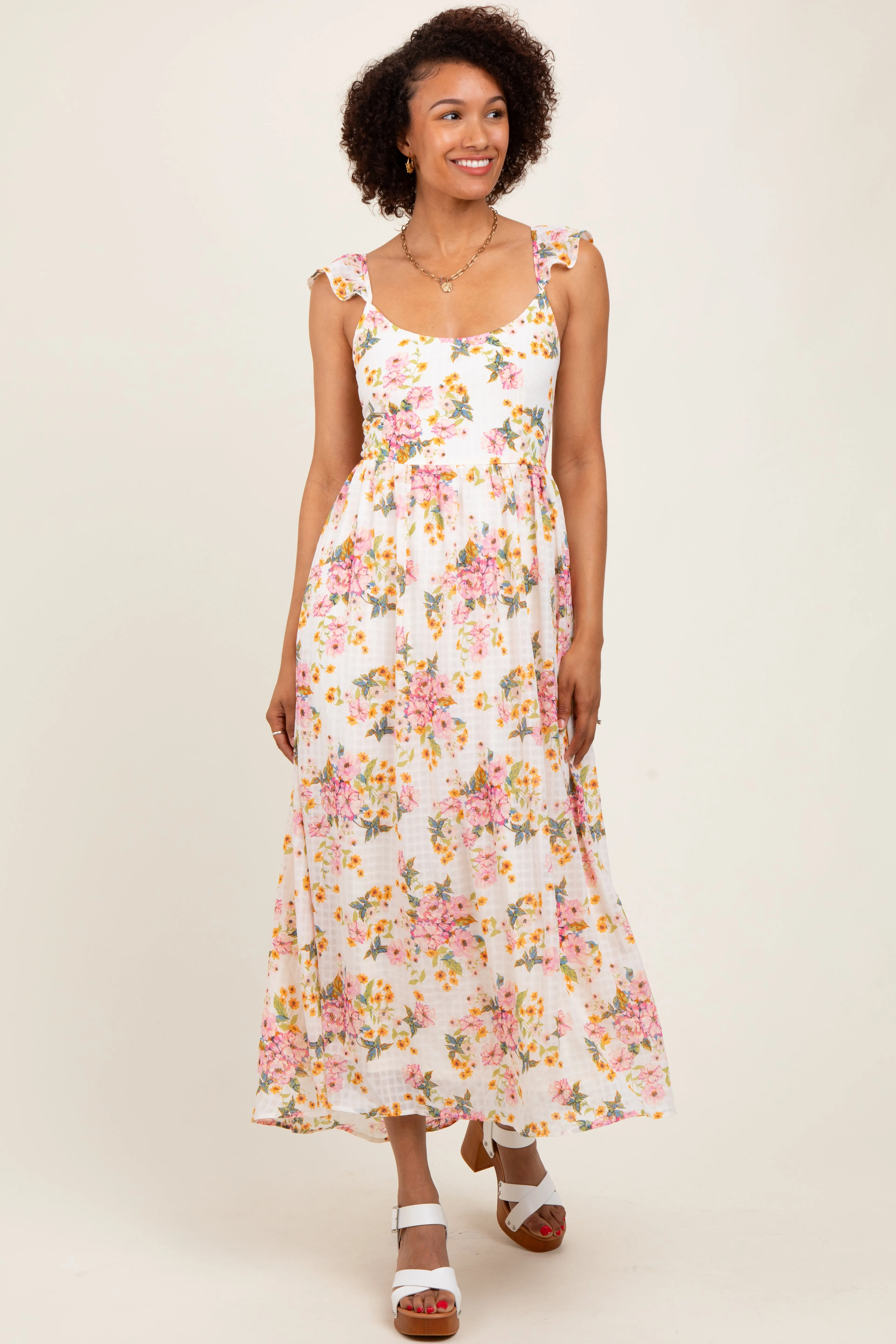 Cream Floral Cutout Tie Back Maternity Midi Dress sold by Pinkblush product image thumbnail 4
