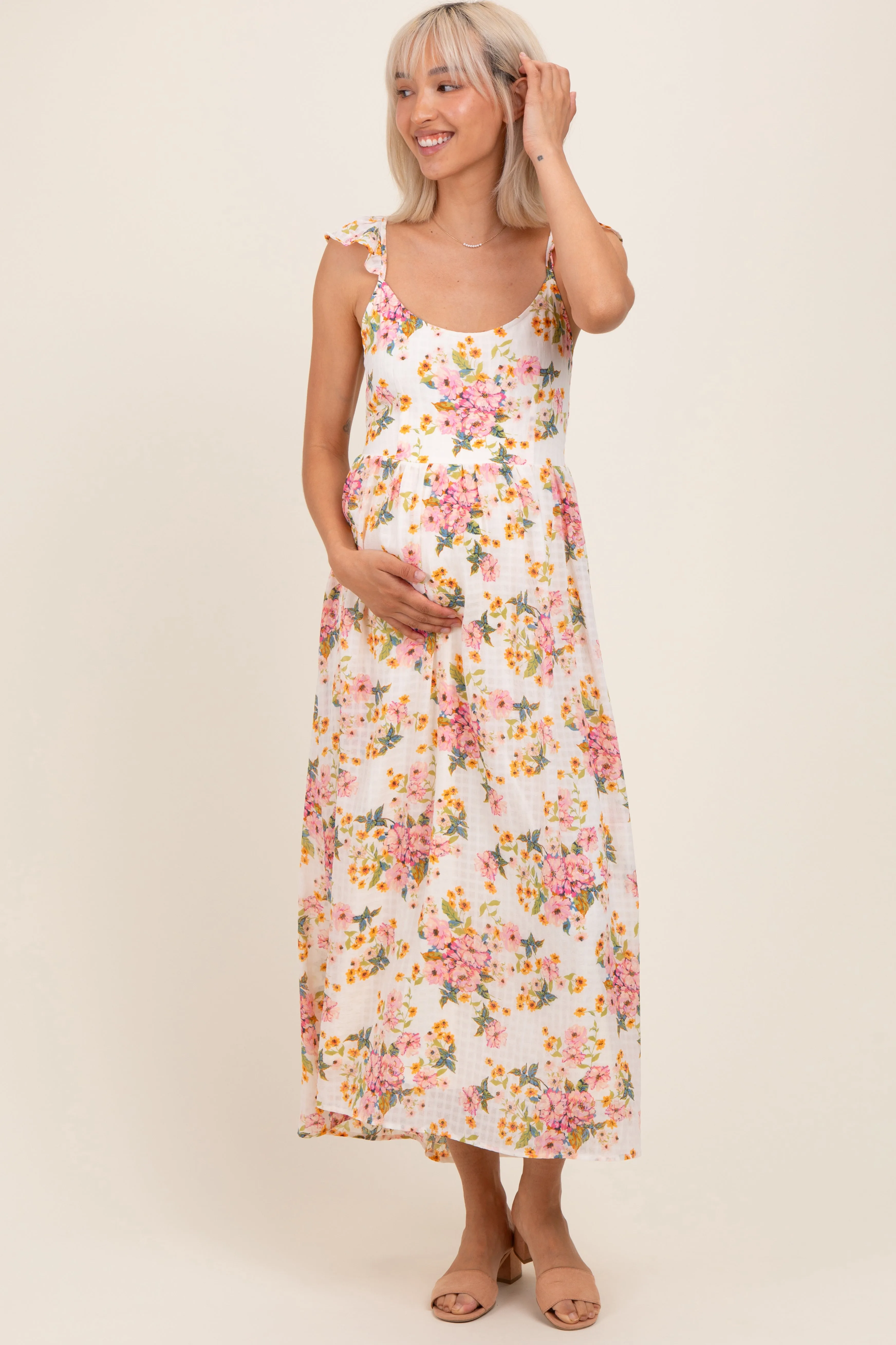 Cream Floral Cutout Tie Back Maternity Midi Dress sold by Pinkblush
