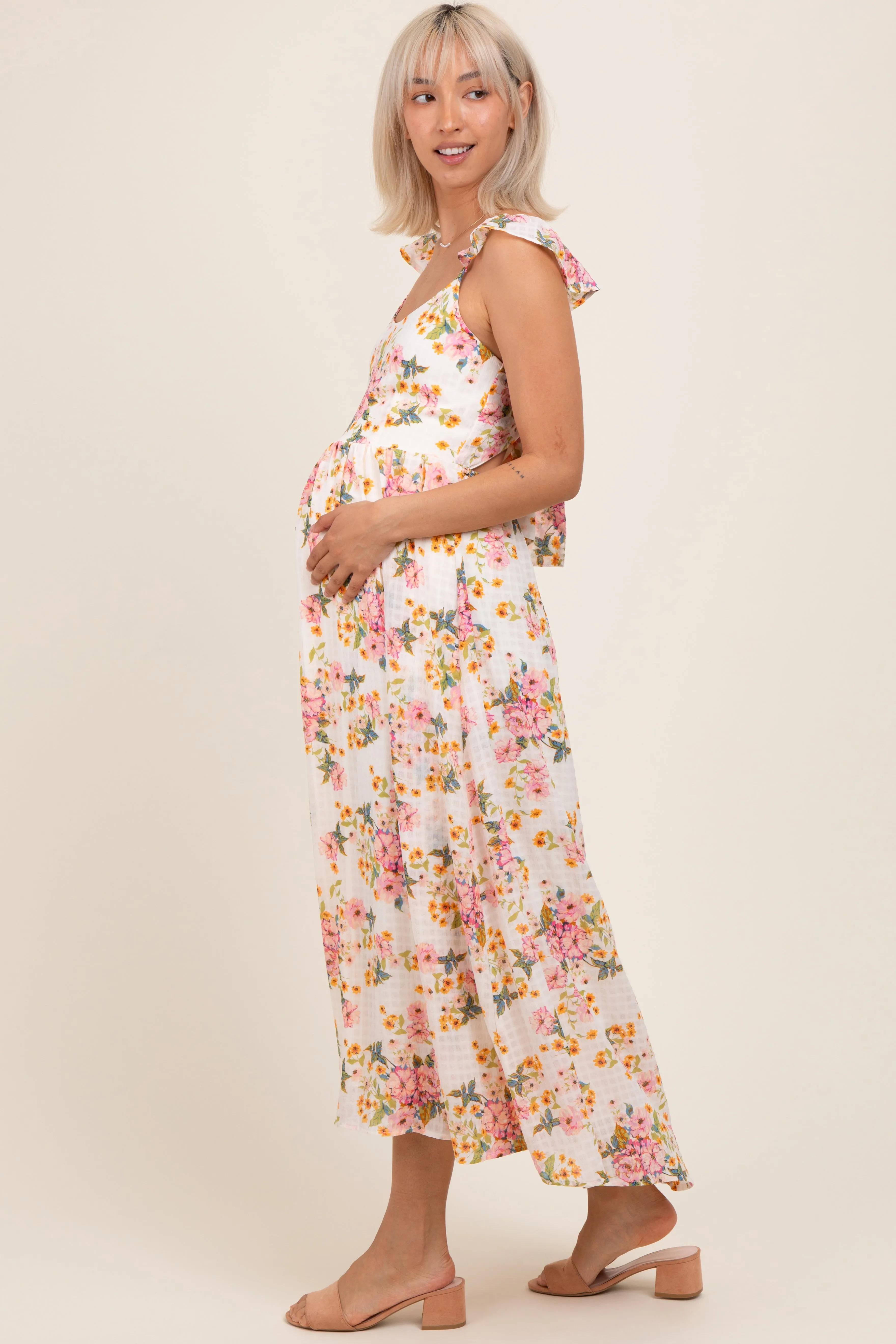 Cream Floral Cutout Tie Back Maternity Midi Dress sold by Pinkblush product image thumbnail 2