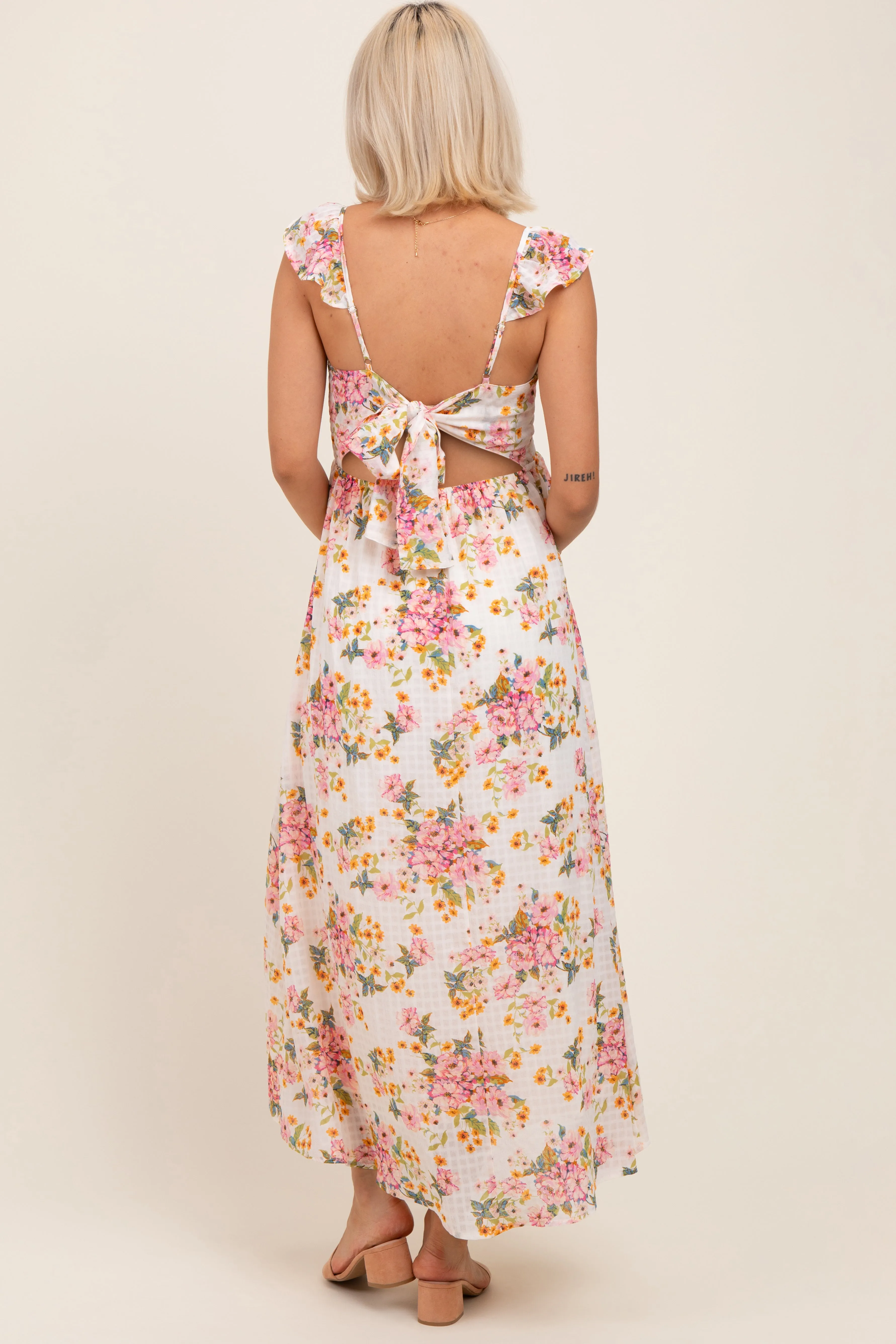 Cream Floral Cutout Tie Back Maternity Midi Dress sold by Pinkblush product image thumbnail 3