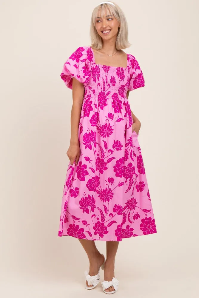 Pink Floral Smocked Puff Sleeve Maternity Midi Dress sold by Pinkblush product image thumbnail 2