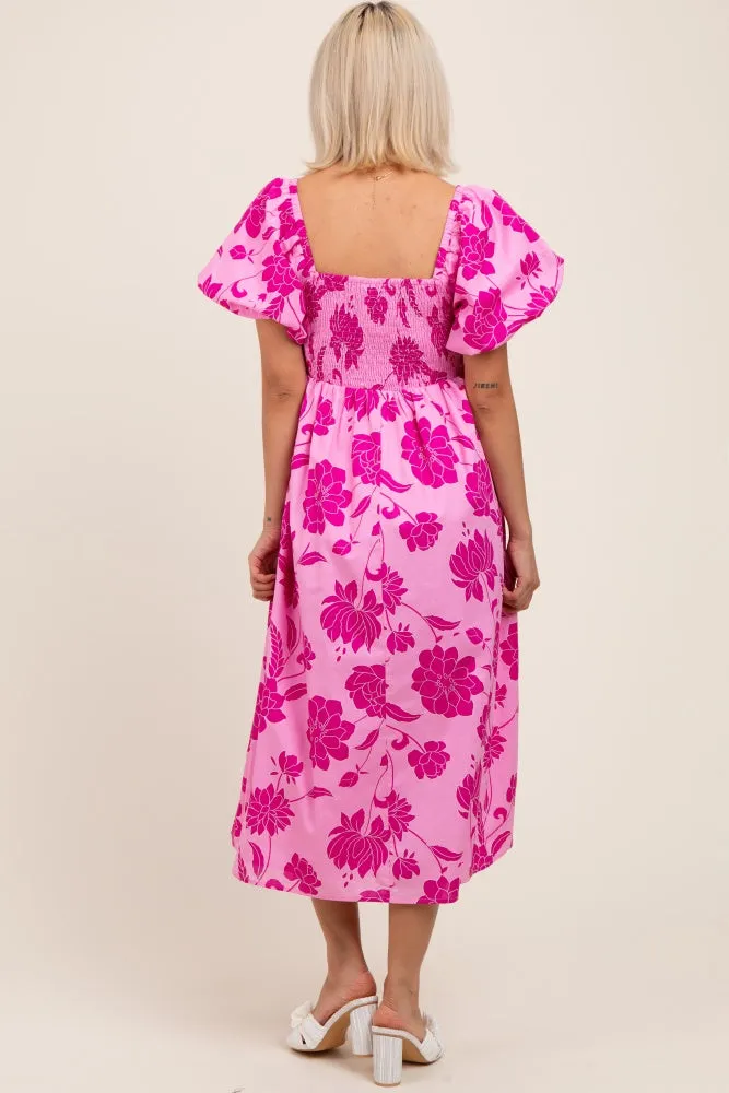 Pink Floral Smocked Puff Sleeve Maternity Midi Dress sold by Pinkblush product image thumbnail 3
