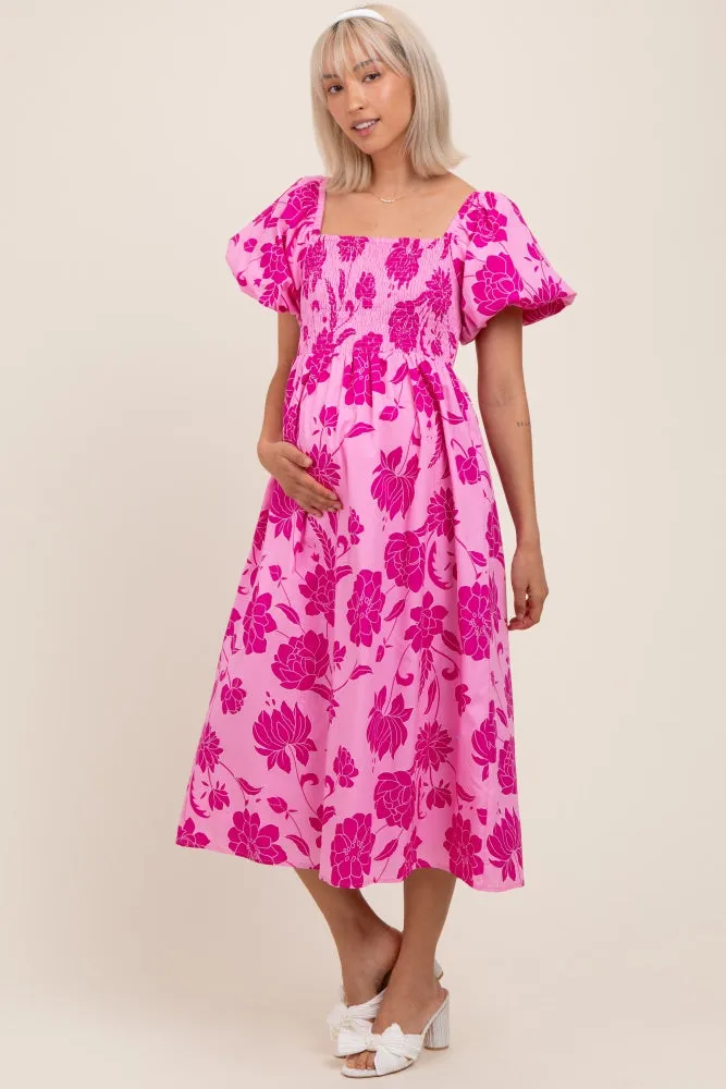 Pink Floral Smocked Puff Sleeve Maternity Midi Dress sold by Pinkblush