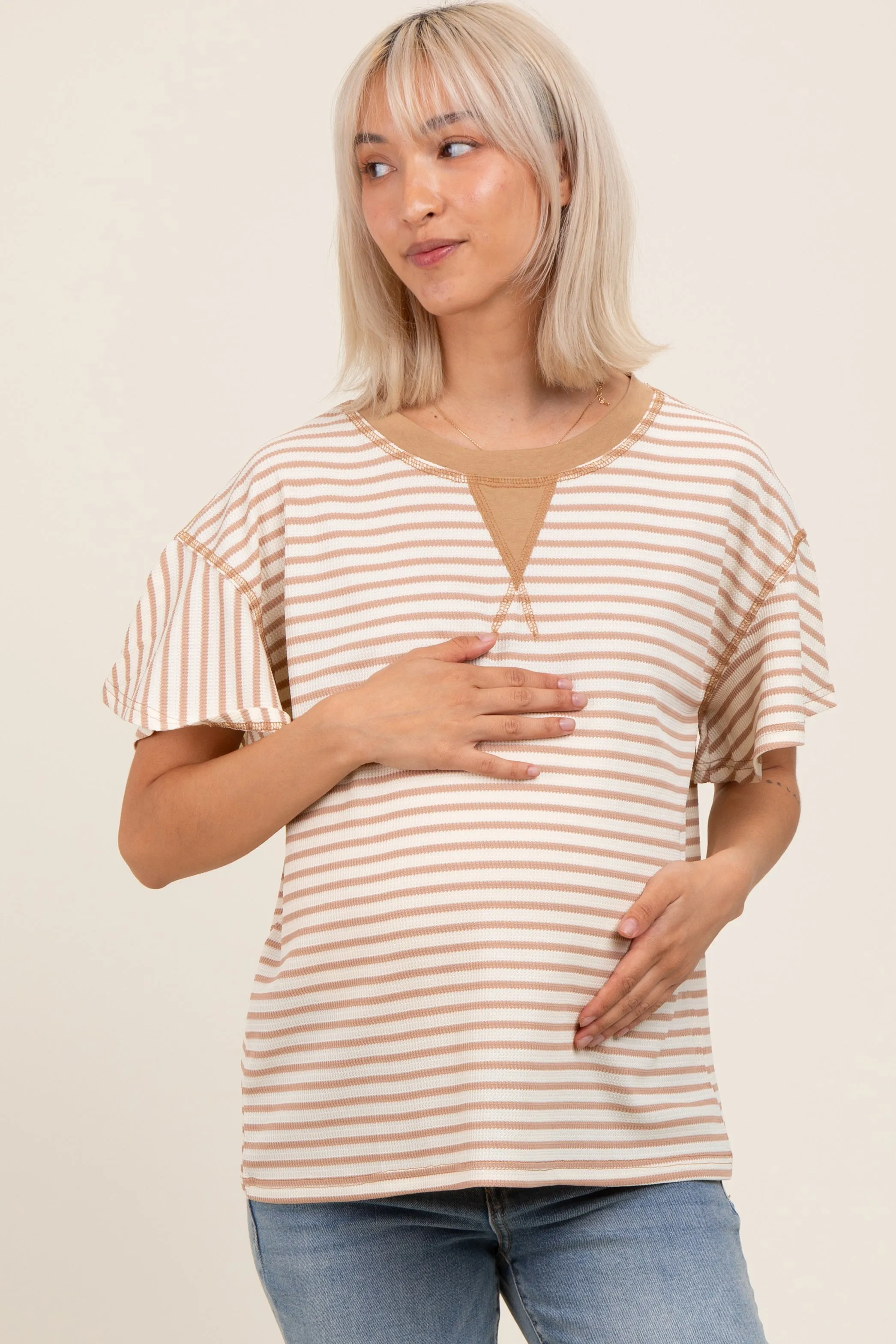Light Taupe Striped Ribbed Relaxed Short Sleeve Maternity Top sold by Pinkblush product image thumbnail 2