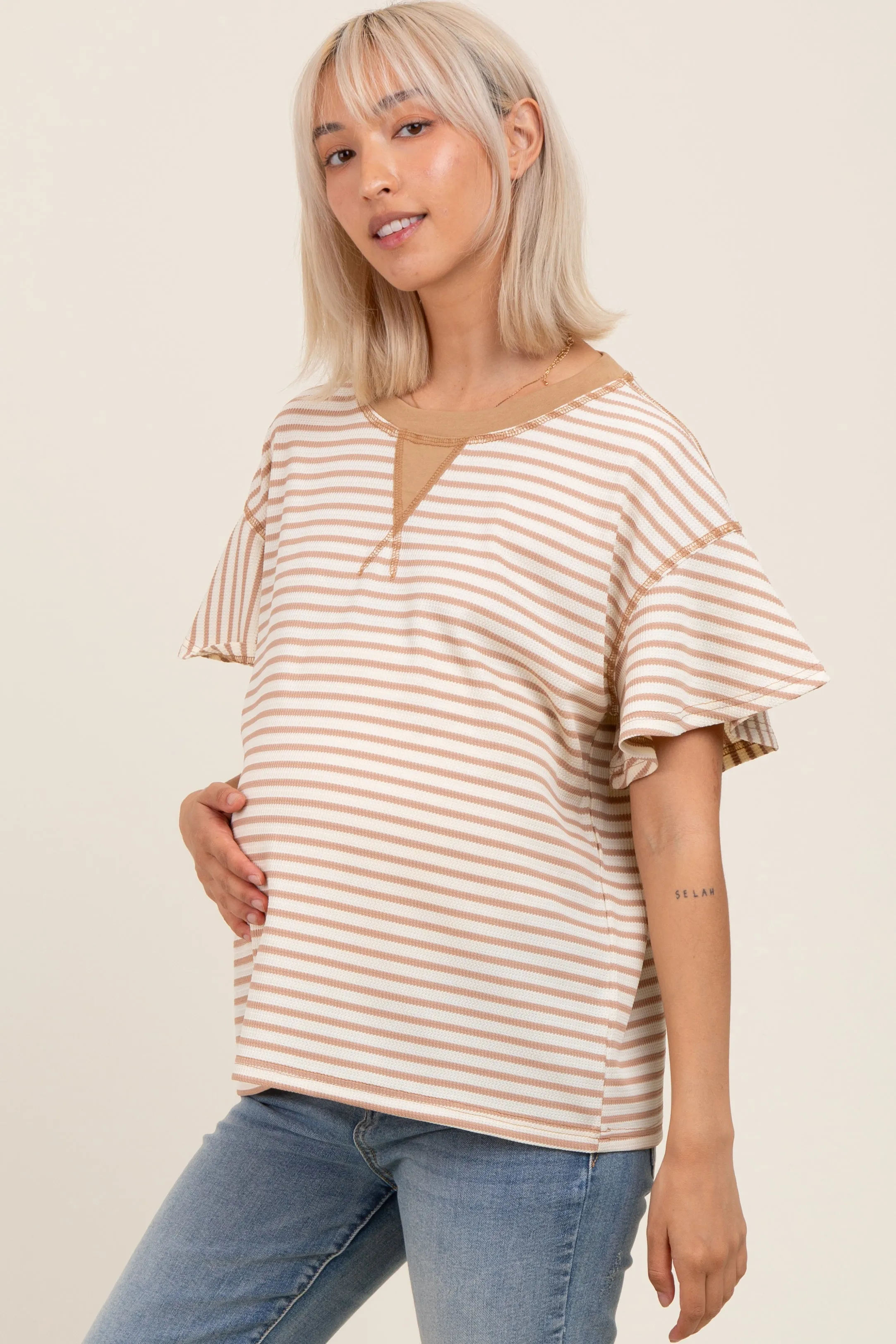 Light Taupe Striped Ribbed Relaxed Short Sleeve Maternity Top sold by Pinkblush product image thumbnail 3