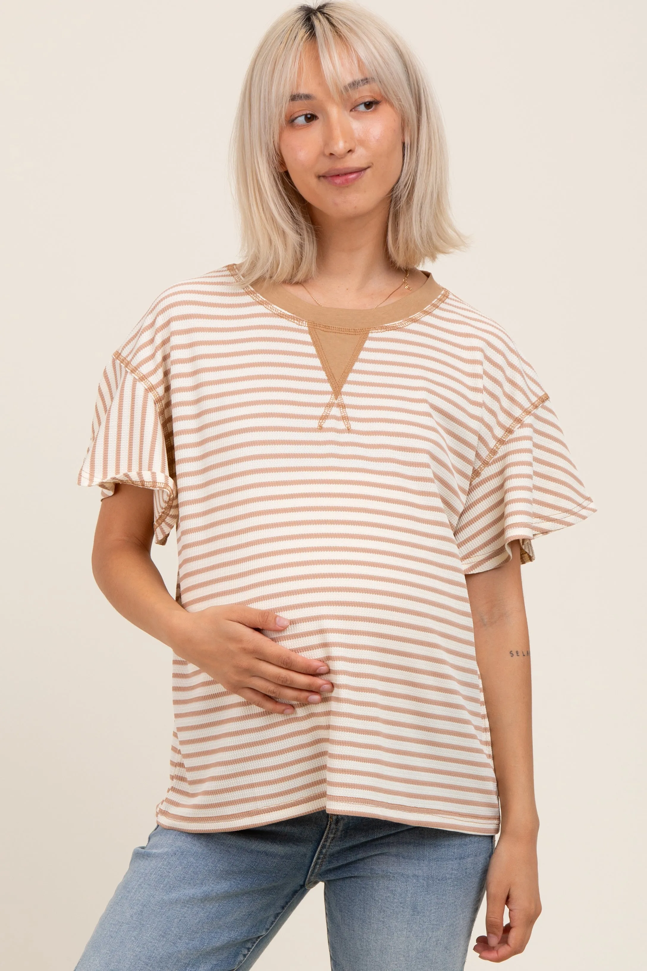 Light Taupe Striped Ribbed Relaxed Short Sleeve Maternity Top sold by Pinkblush