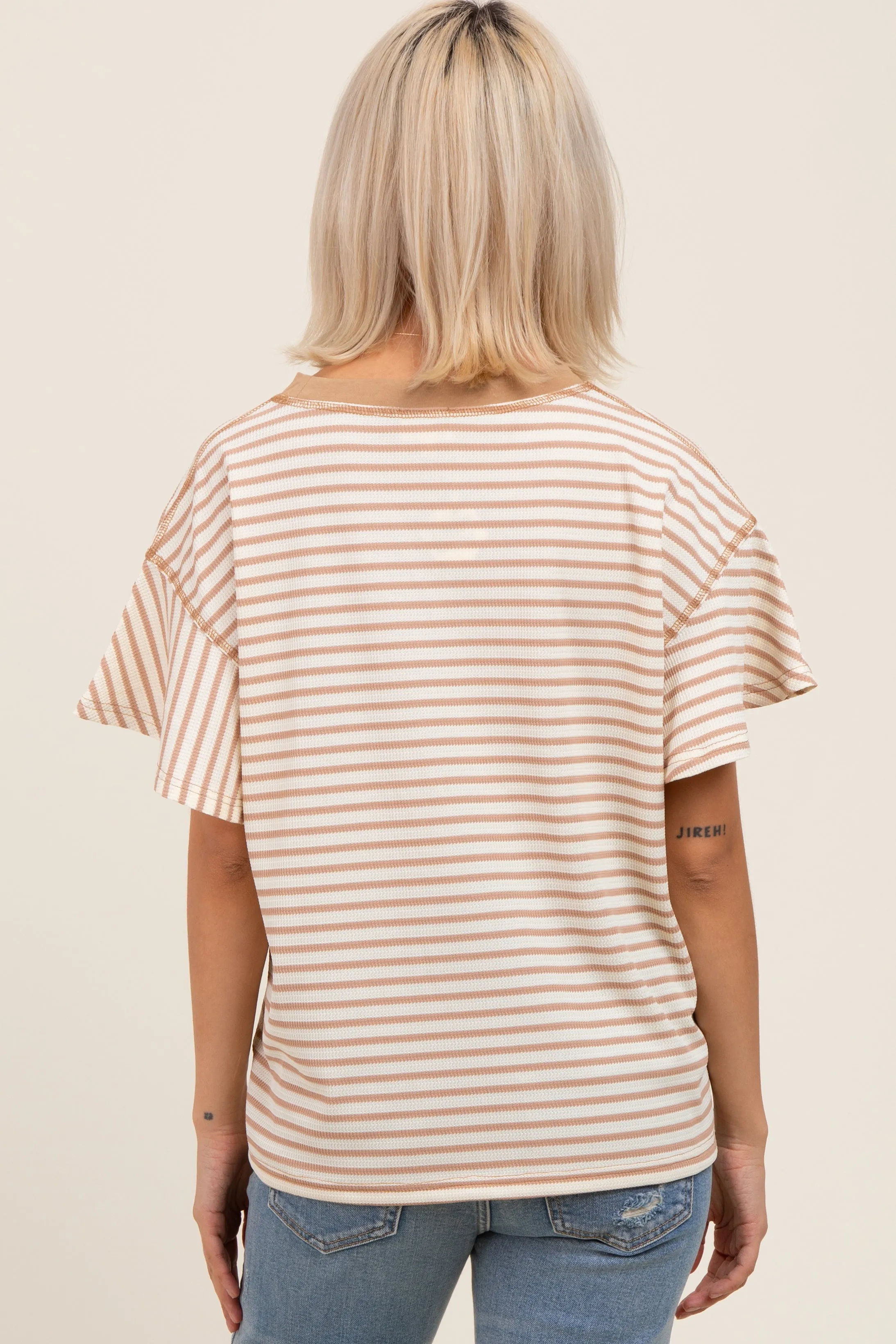 Light Taupe Striped Ribbed Relaxed Short Sleeve Maternity Top sold by Pinkblush product image thumbnail 4