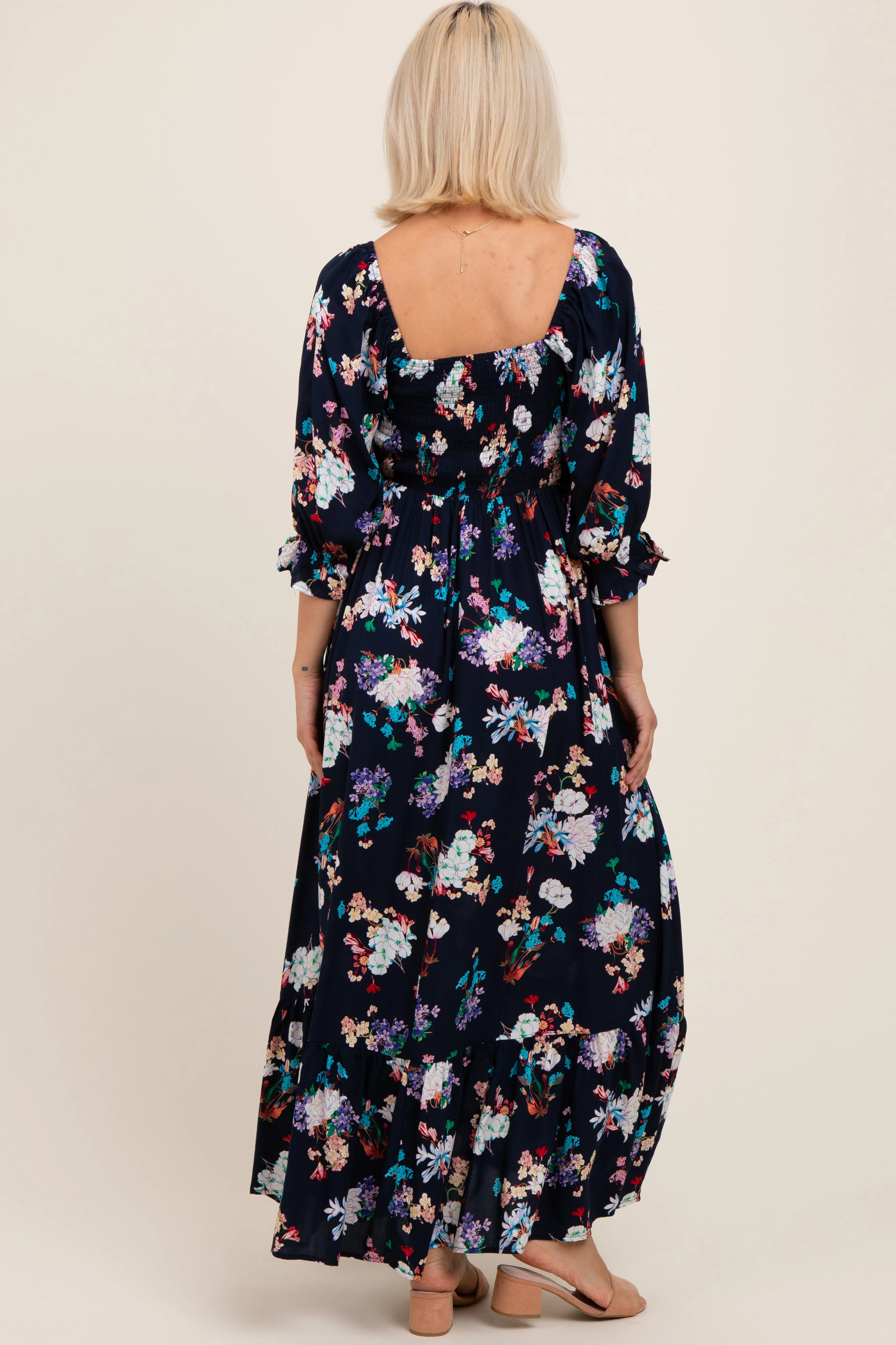 Navy Floral Sweetheart Puff Sleeve Maternity Maxi Dress sold by Pinkblush product image thumbnail 3