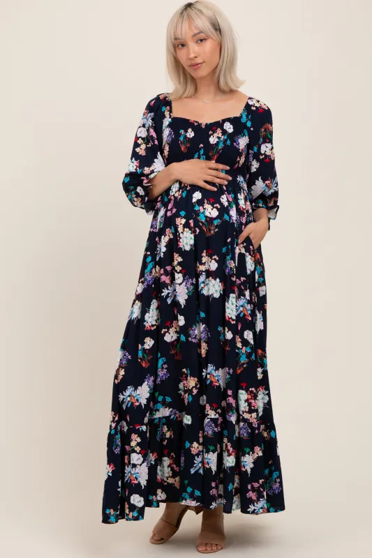 Navy Floral Sweetheart Puff Sleeve Maternity Maxi Dress sold by Pinkblush