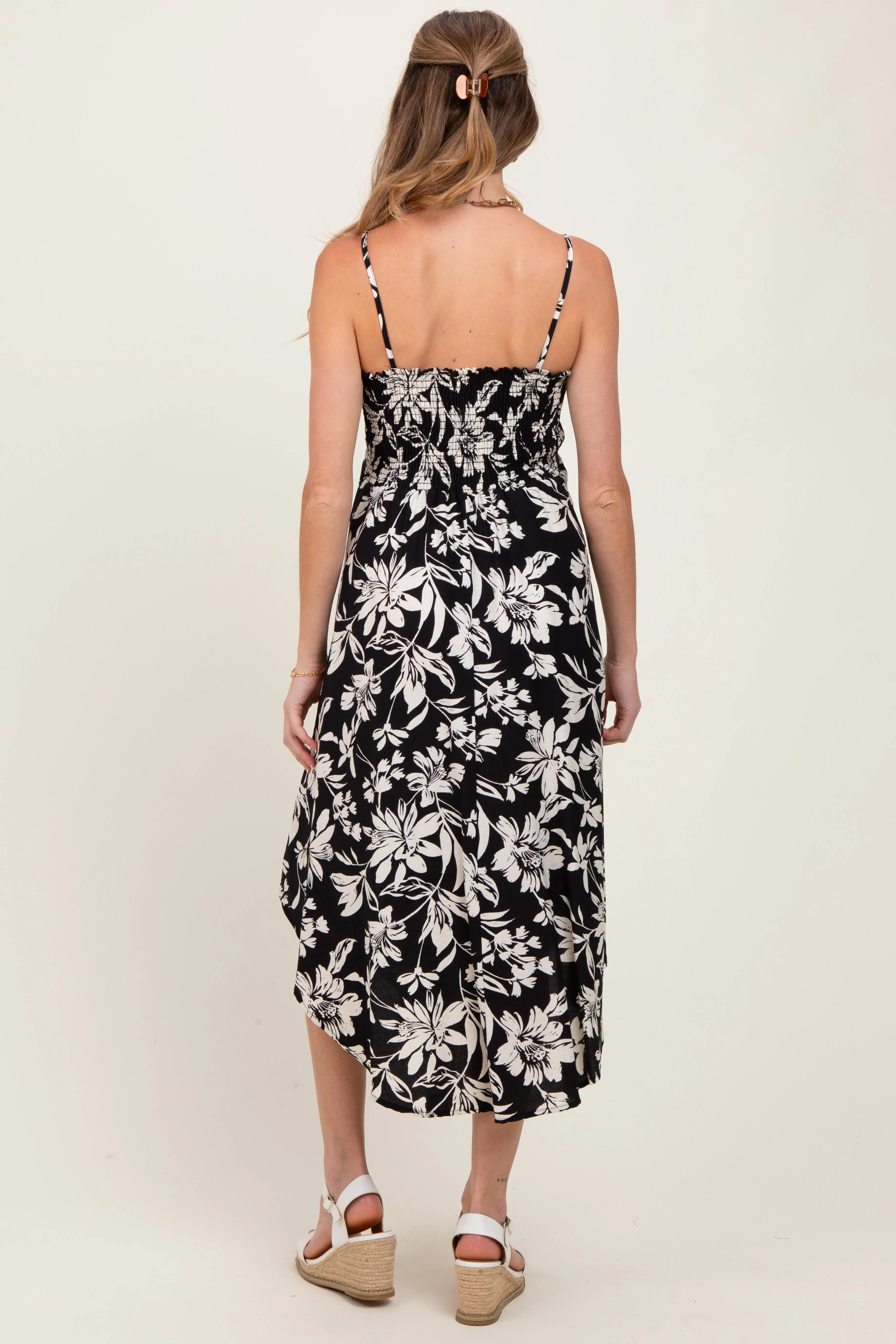 Black Tropical Floral Front Cinch Tie Maternity Midi Dress sold by Pinkblush product image thumbnail 4