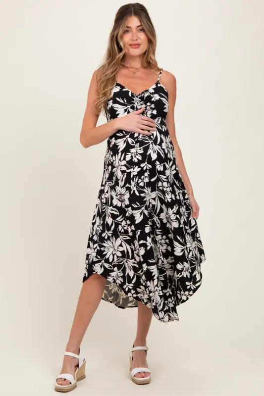 Black Tropical Floral Front Cinch Tie Maternity Midi Dress sold by Pinkblush