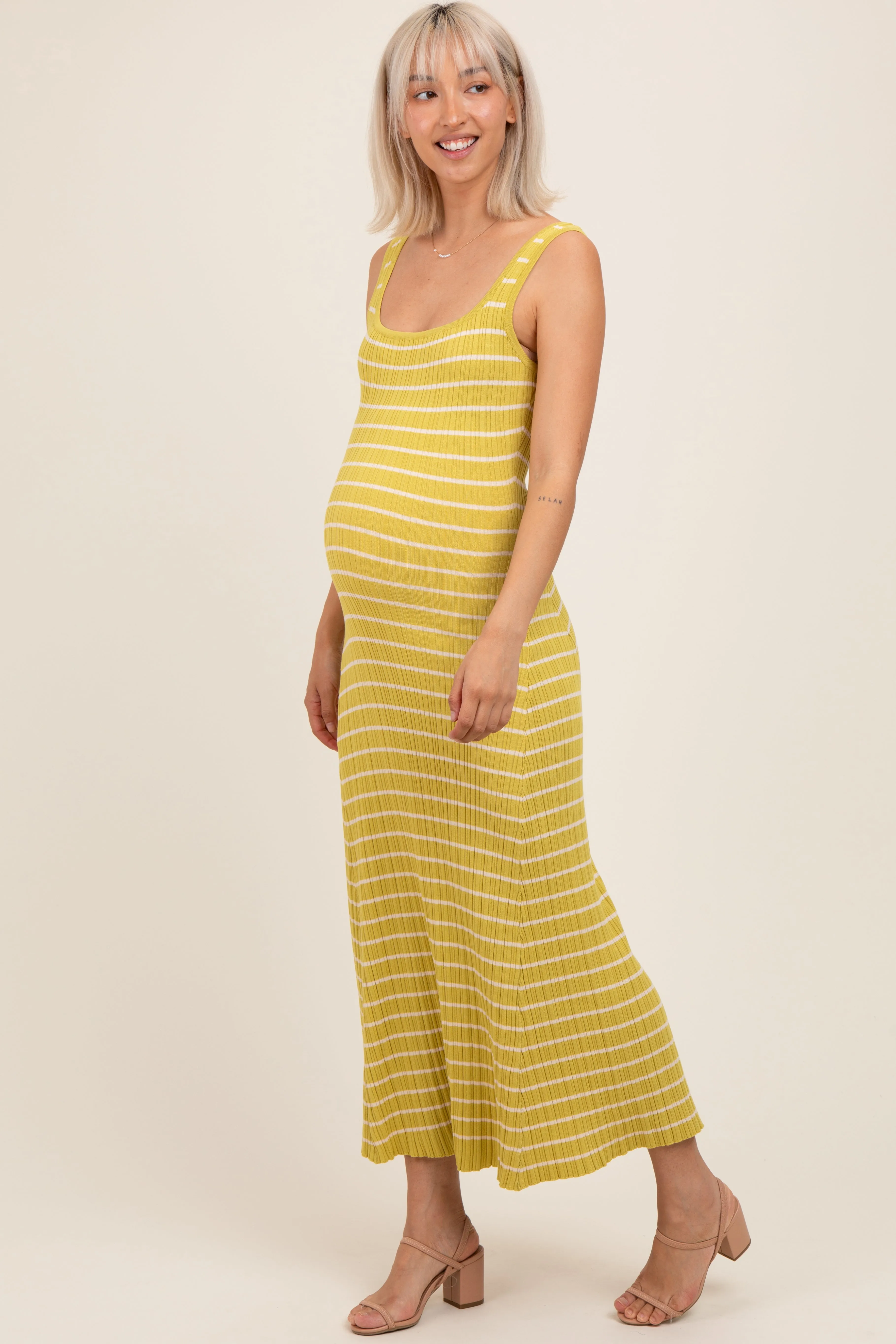 Lime/Cream Lightweight Rib Fit And Flare Maternity Midi Dress sold by Pinkblush