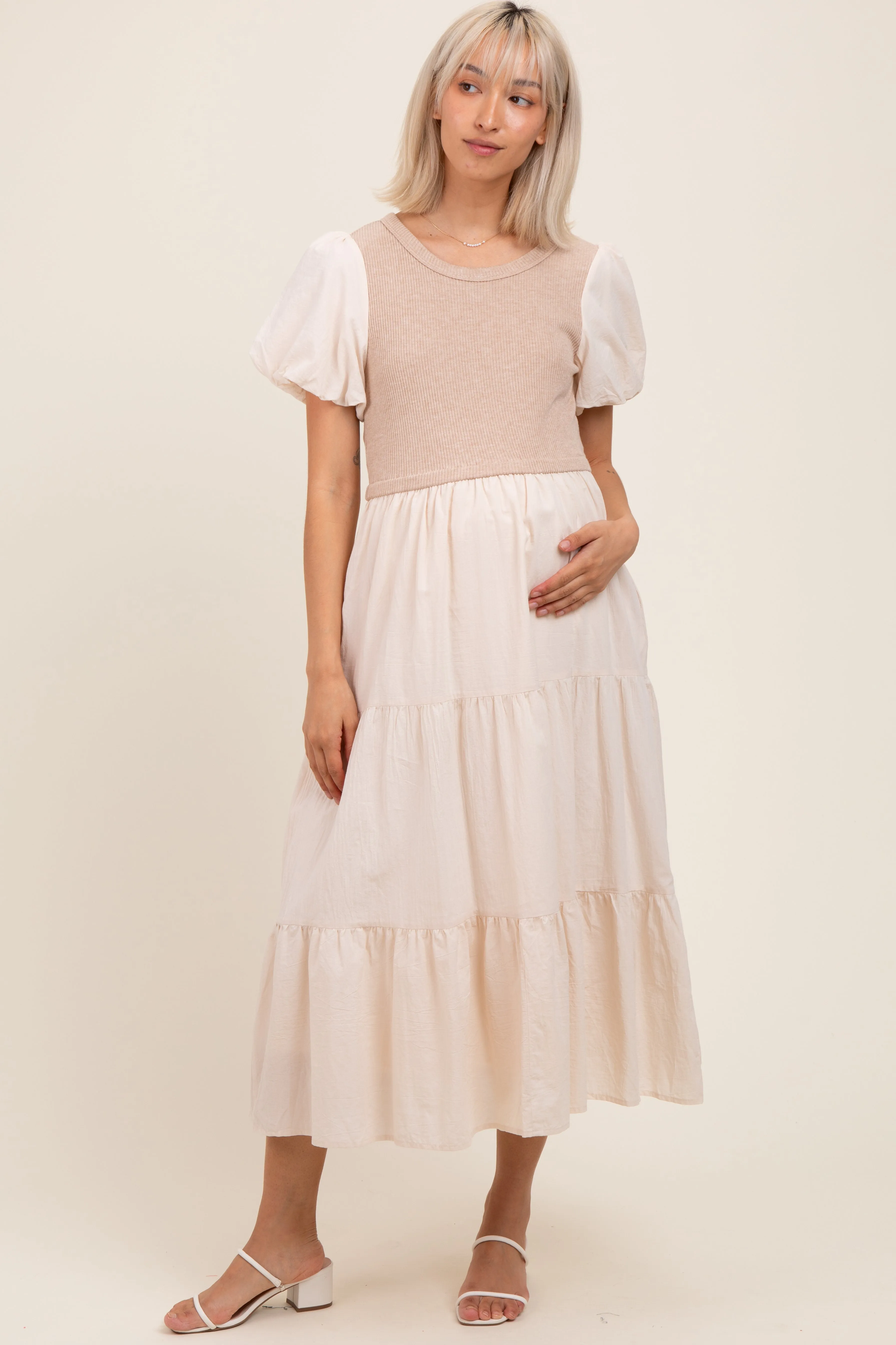 Cream Knit Mixed Tiered Maternity Midi Dress sold by Pinkblush