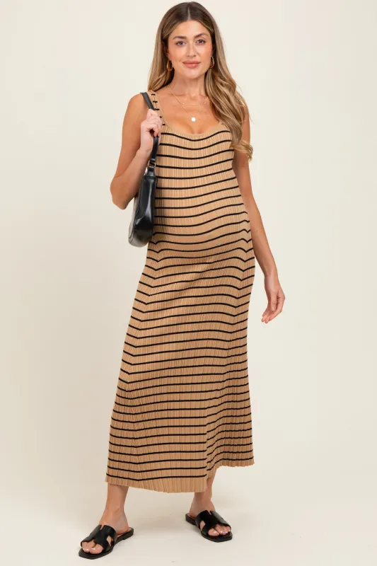 Camel Striped Ribbed Sleeveless Maternity Maxi Dress sold by Pinkblush