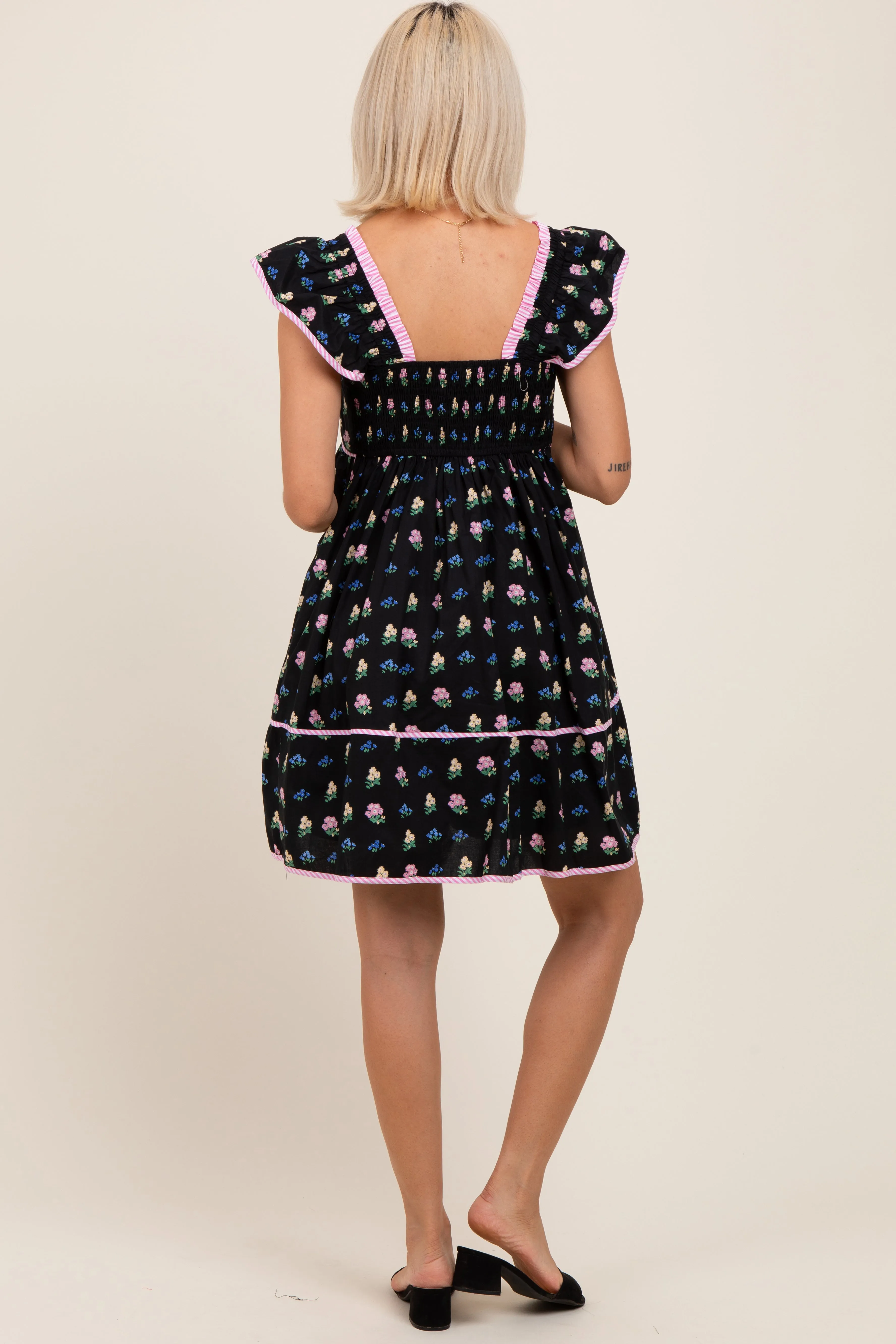 Black Floral Ruffle Strap Maternity Mini Dress sold by Pinkblush product image thumbnail 2