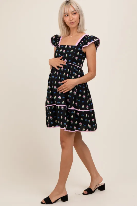 Black Floral Ruffle Strap Maternity Mini Dress sold by Pinkblush
