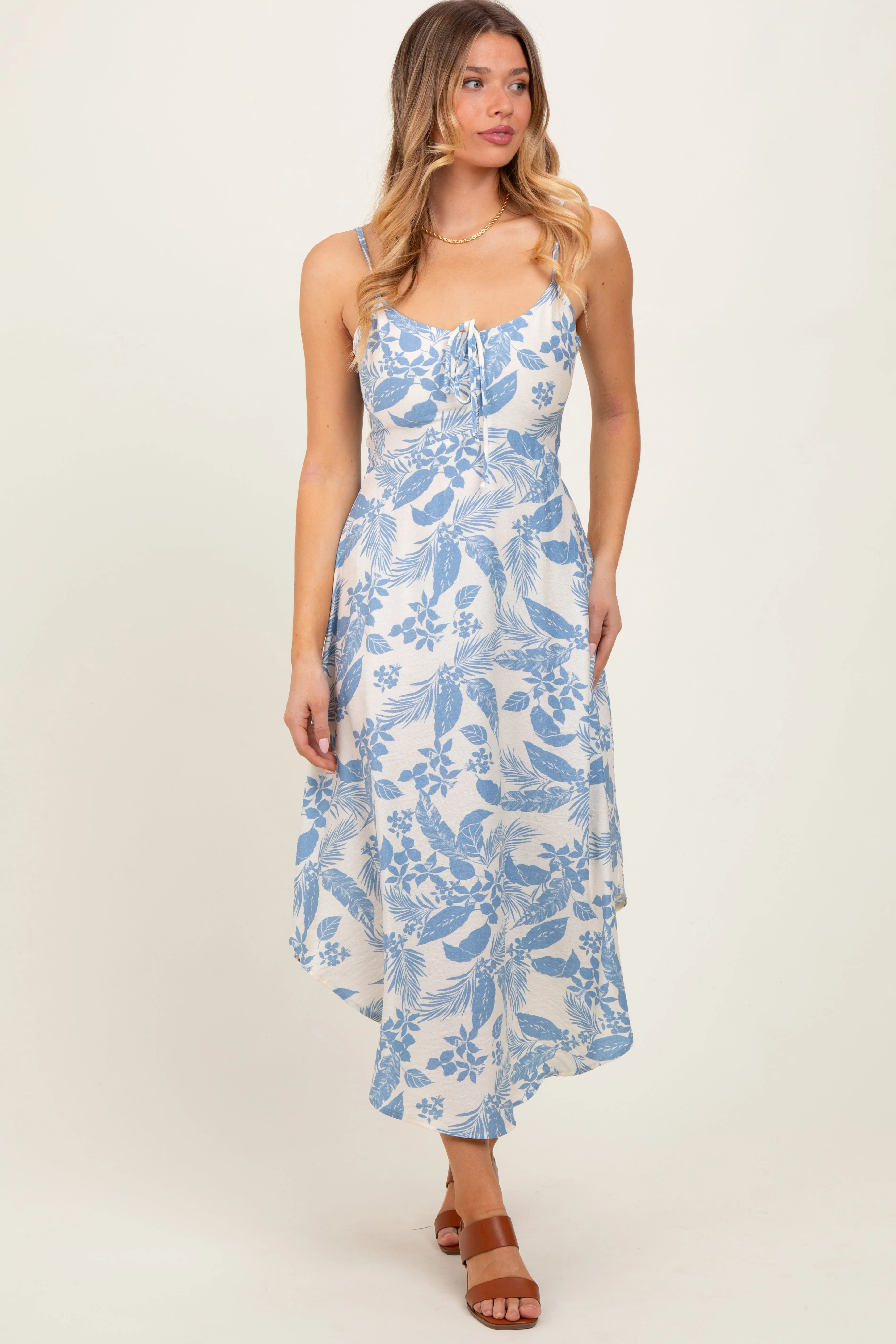 Light Blue Tropical Floral Front Cinched Tie Maternity Midi Dress sold by Pinkblush product image thumbnail 4