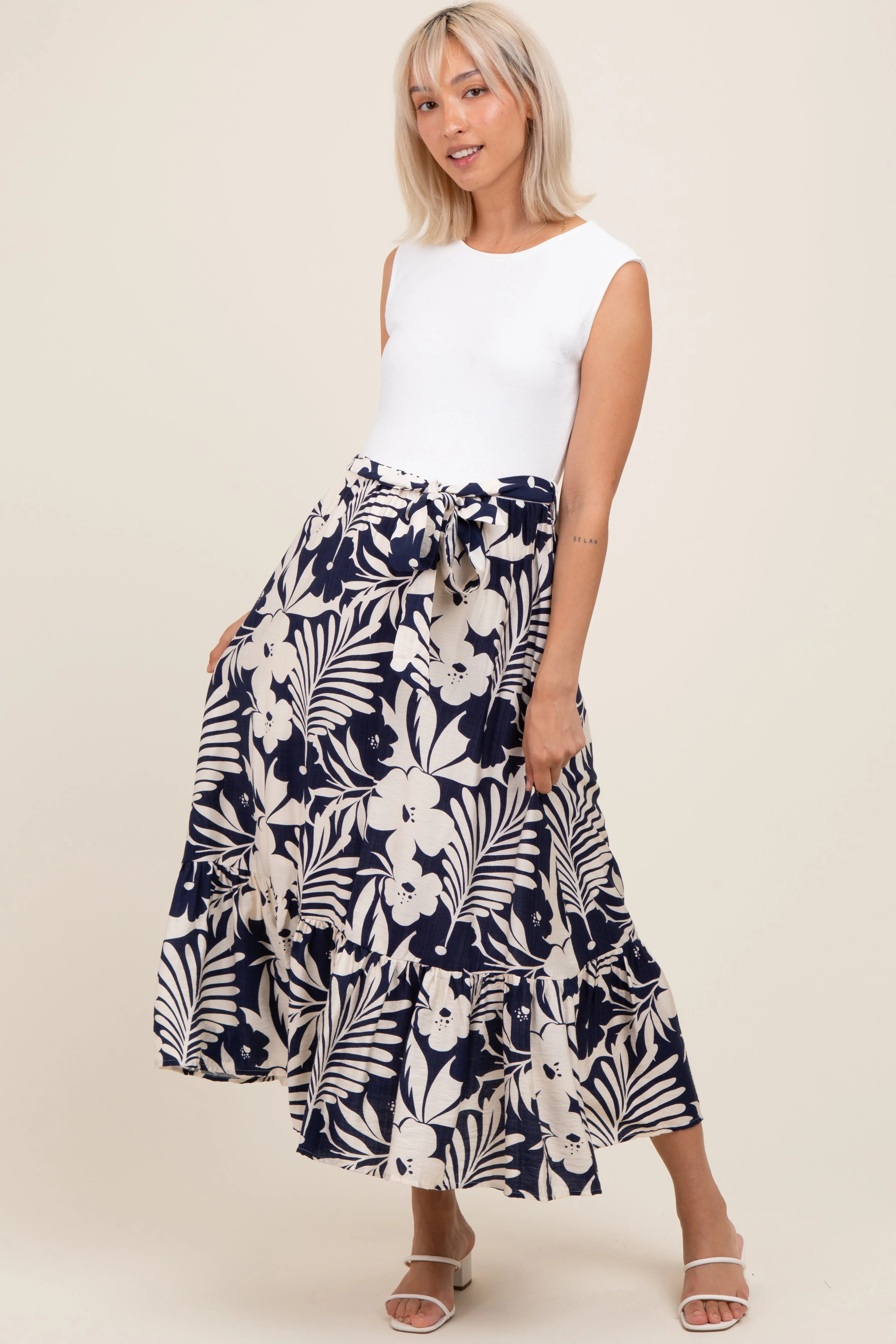 Navy Floral Contrast Top Sash Tie Sleeveless Maternity Midi Dress sold by Pinkblush product image thumbnail 2