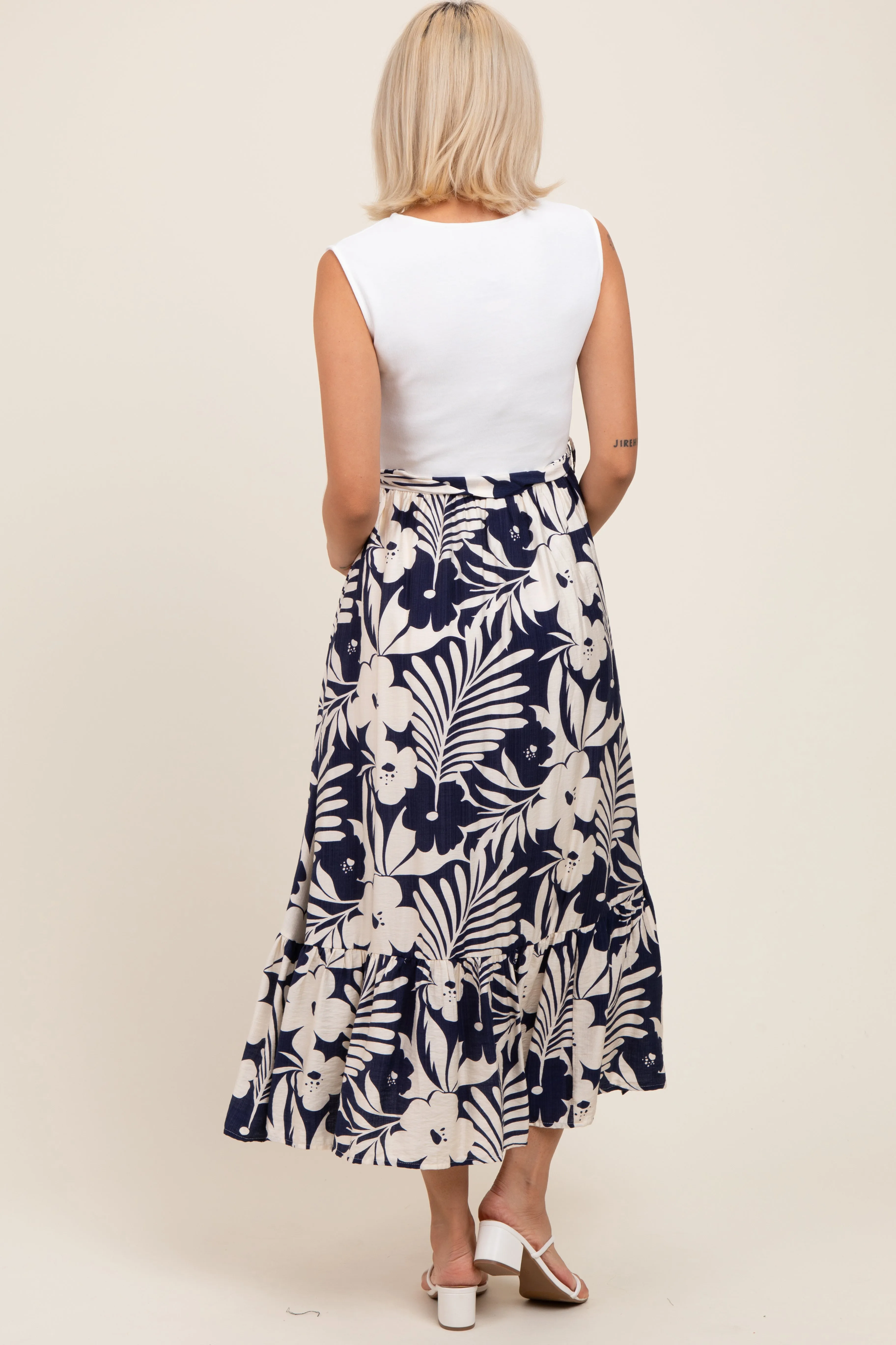 Navy Floral Contrast Top Sash Tie Sleeveless Maternity Midi Dress sold by Pinkblush product image thumbnail 3