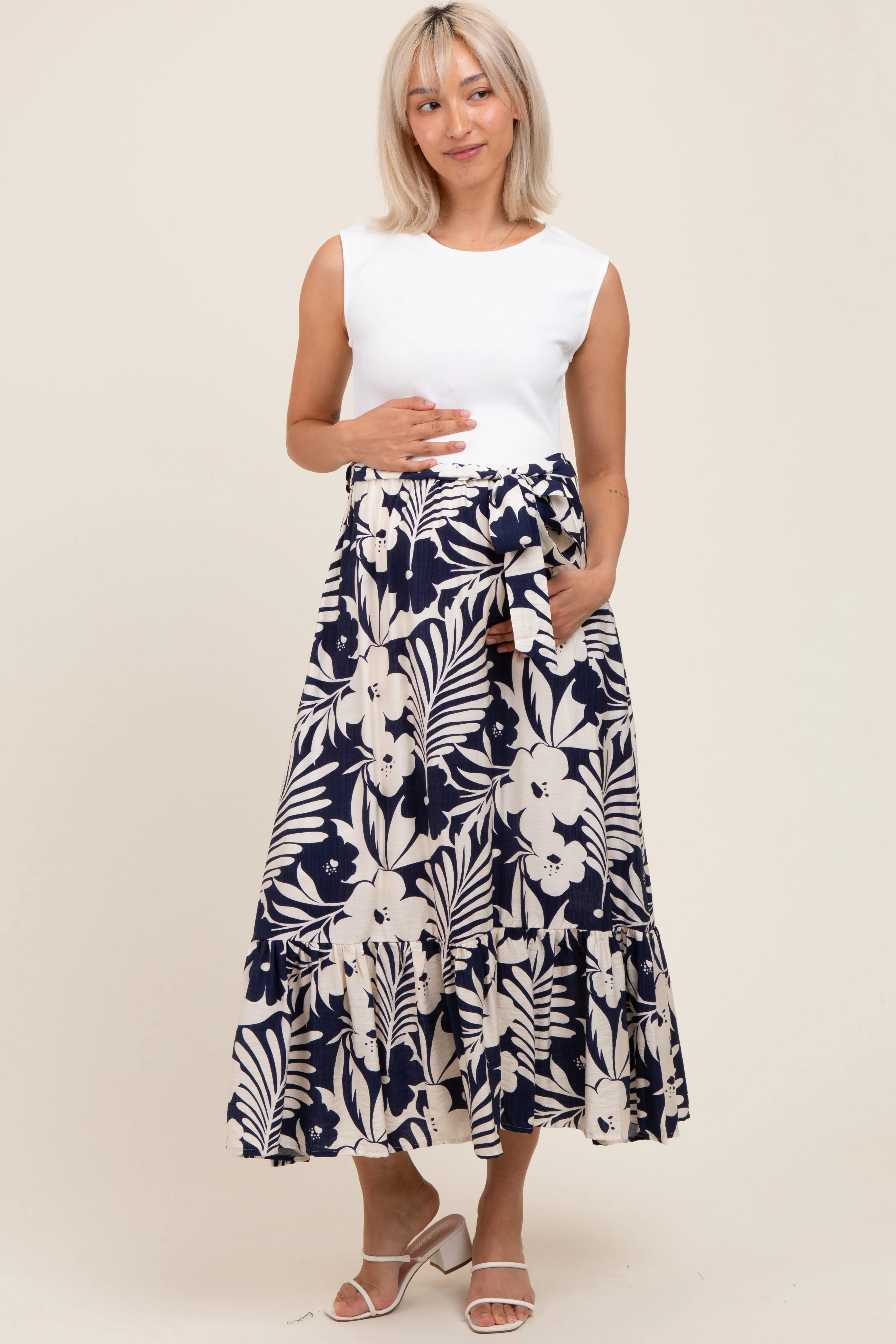 Navy Floral Contrast Top Sash Tie Sleeveless Maternity Midi Dress sold by Pinkblush